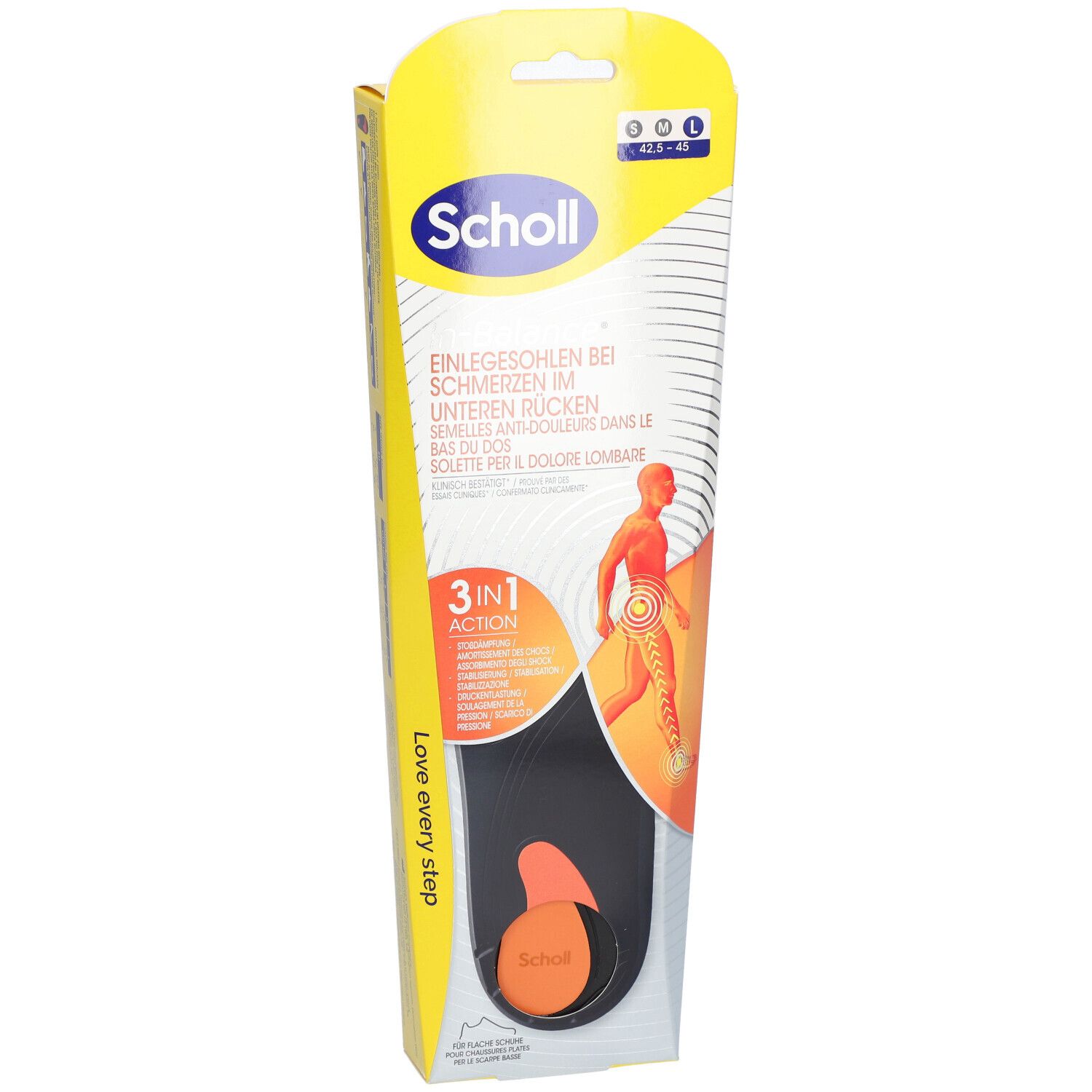 Scholl In-Balance Einlegesohlen in Verpackung. Schwarz-orange Sohle, gelbe Verpackung mit Produktinformationen und Logo.