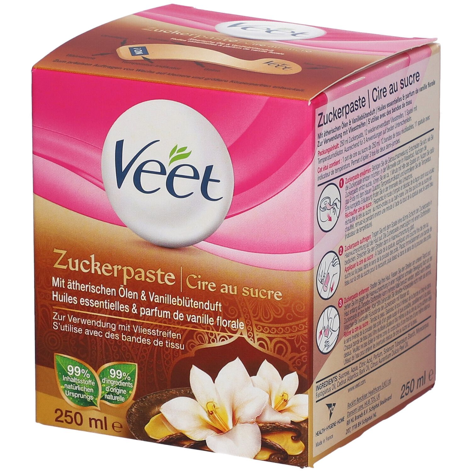 Boîte de cire orientale Veet. Rose et marron, avec informations et logo. Contenance : 250 ml.