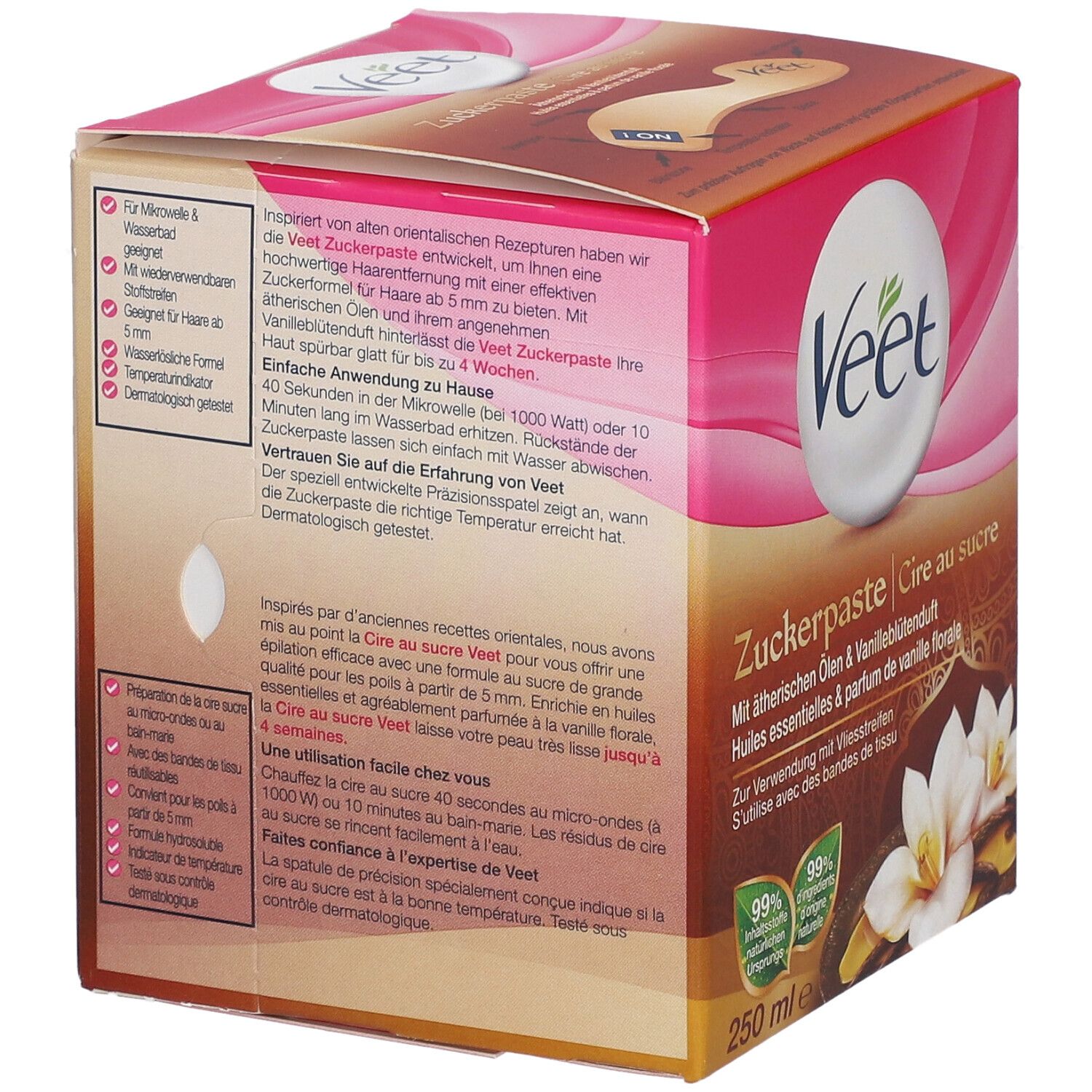 Dos de la boîte de cire Veet. Texte, logo et illustration. Couleurs rose et marron.