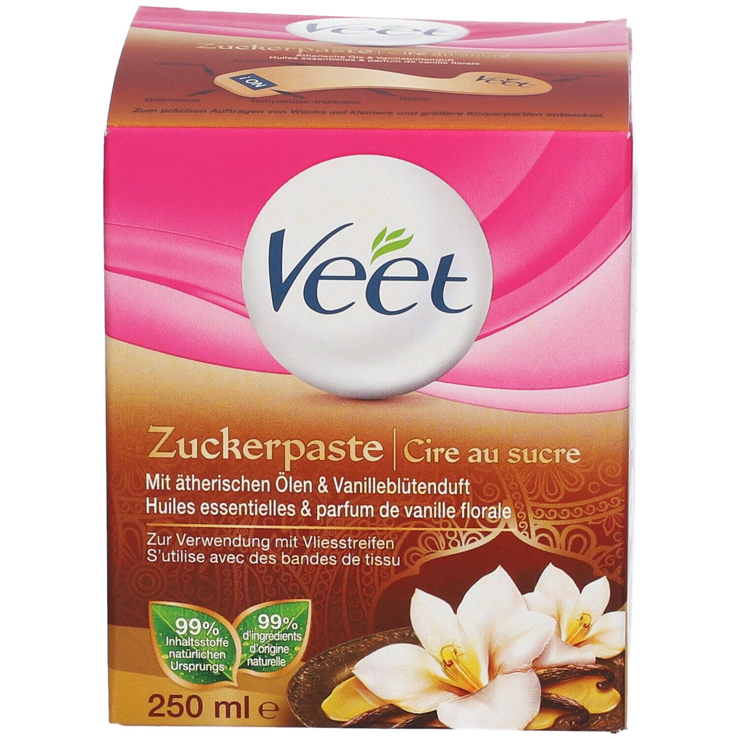 Boîte de cire Veet. Rose et marron, avec informations et logo. Contenance : 250 ml.