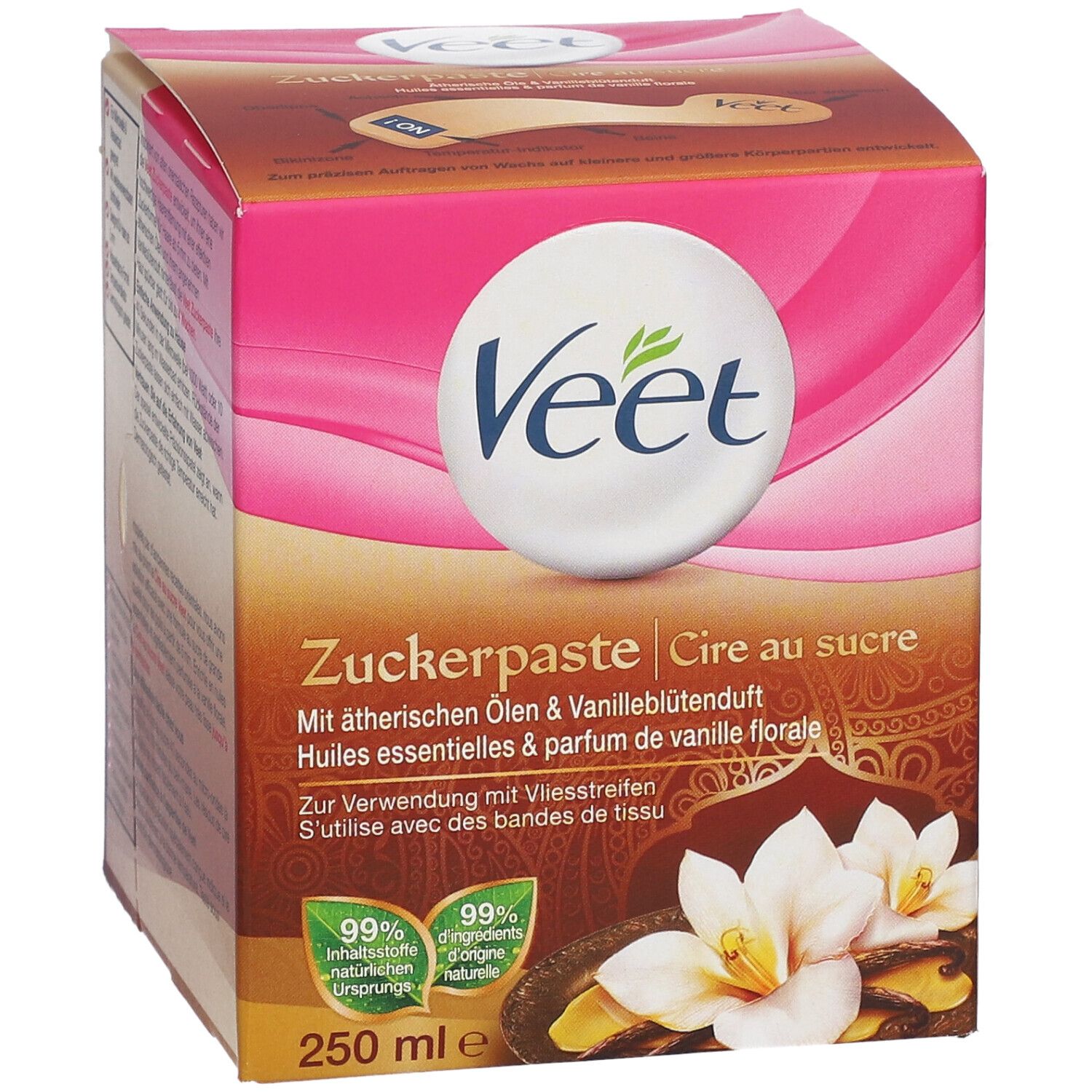 Boîte de cire Veet. Rose et marron, avec informations et logo. Contenance : 250 ml.