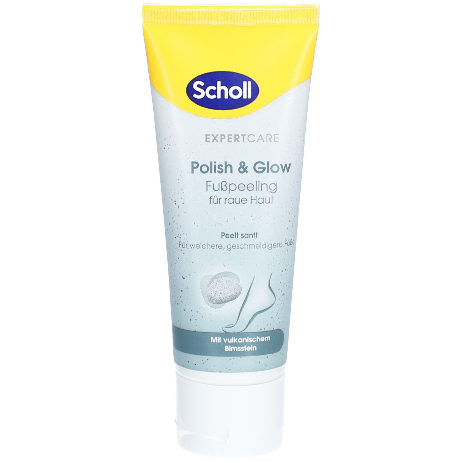 Tube Scholl ExpertCare Polish & Glow. Inscription: Fußpeeling für raue Haut. Avec pierre ponce volcanique.