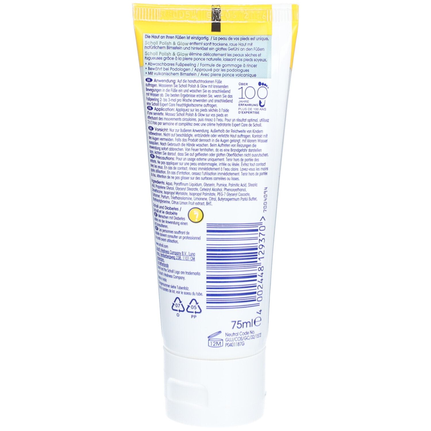 Dos du tube Scholl ExpertCare. Texte et ingrédients. 75ml. Symboles de recyclage.