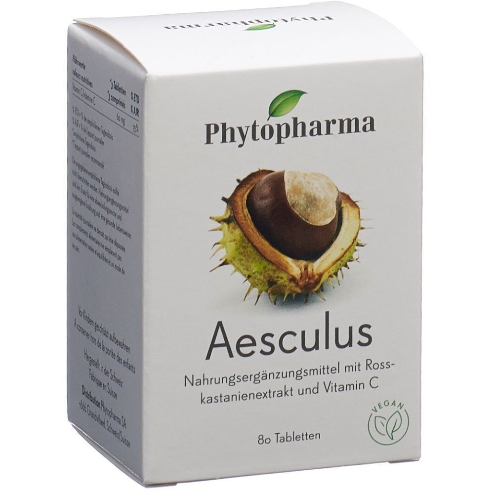 Weiße Schachtel mit Produktnamen und Kastanienabbildung. Enthält 80 Tabletten. Vegan-Siegel.