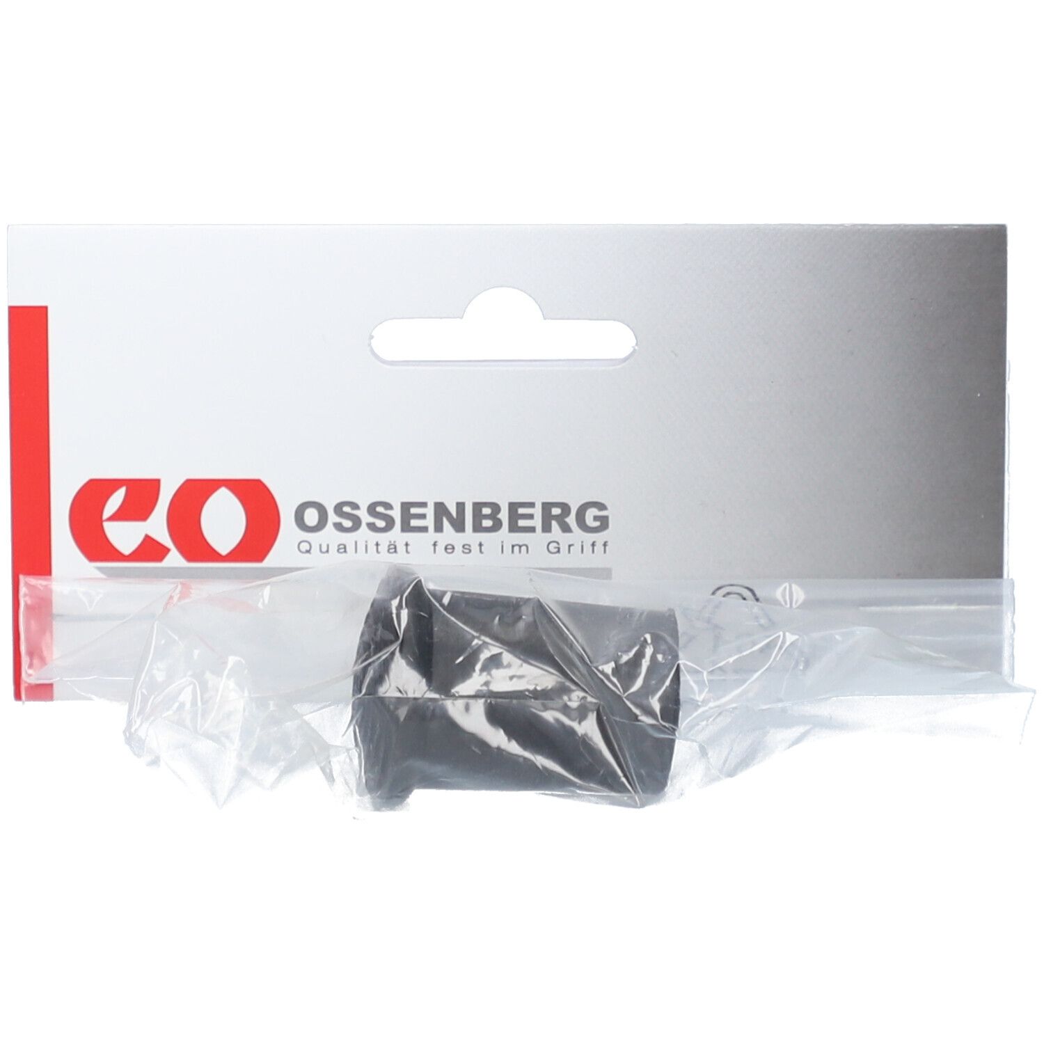 Schwarze Gummikapsel in transparenter Verpackung. Ossenberg-Logo und Schriftzug auf der Verpackung.