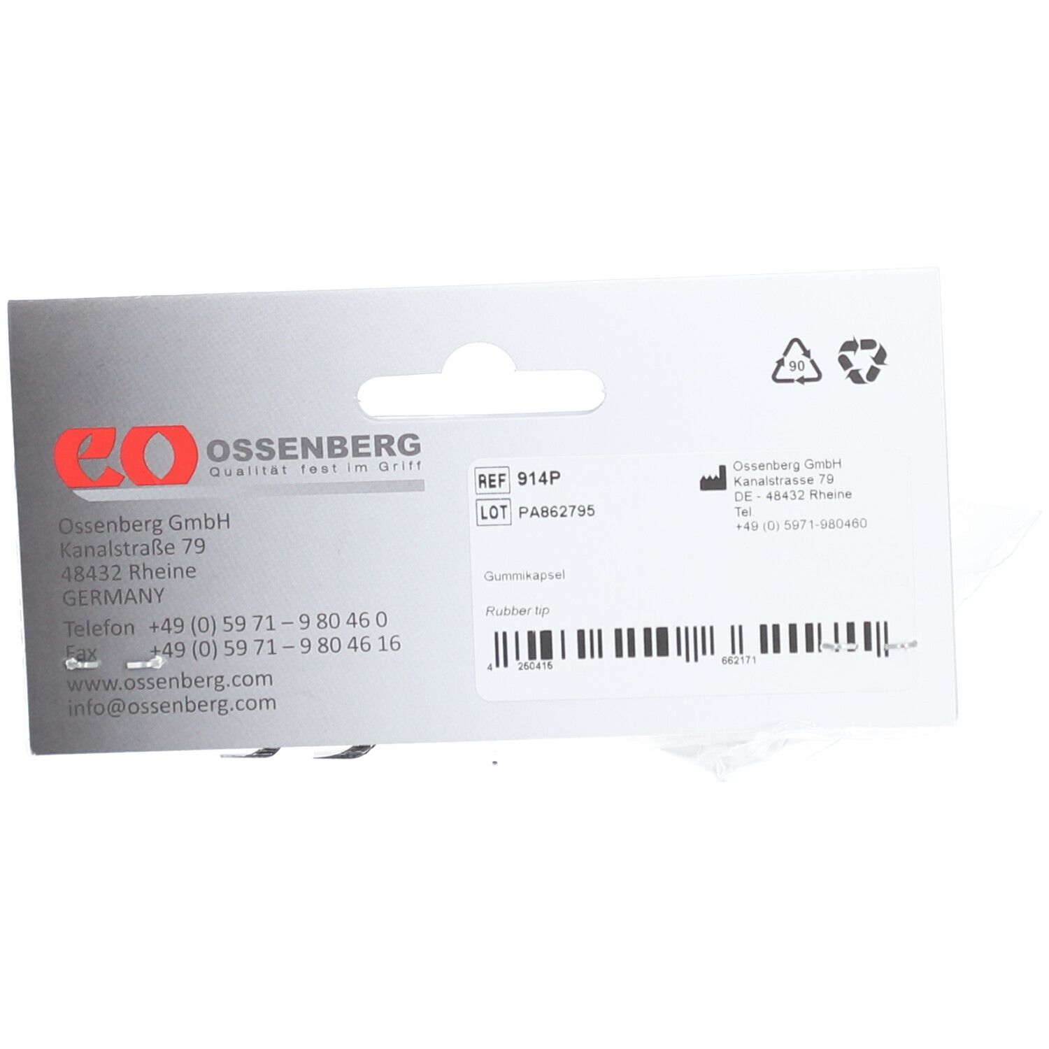 Rückseite der Verpackung mit Ossenberg-Logo, Produktinformationen, Barcode und Recycling-Symbolen.