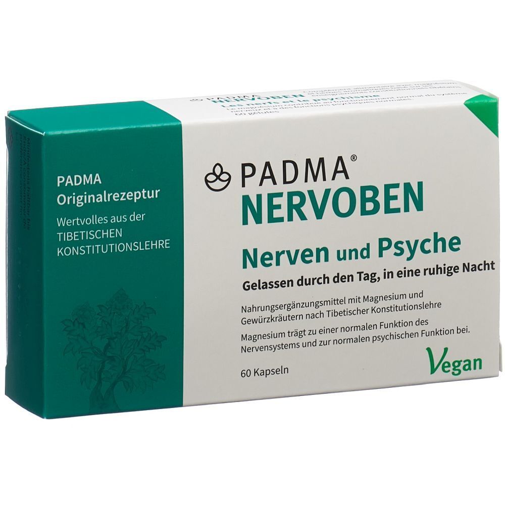 Weiß-grüne Schachtel mit Produktnamen und Aufschrift. Enthält 60 Kapseln. Vegan-Siegel.