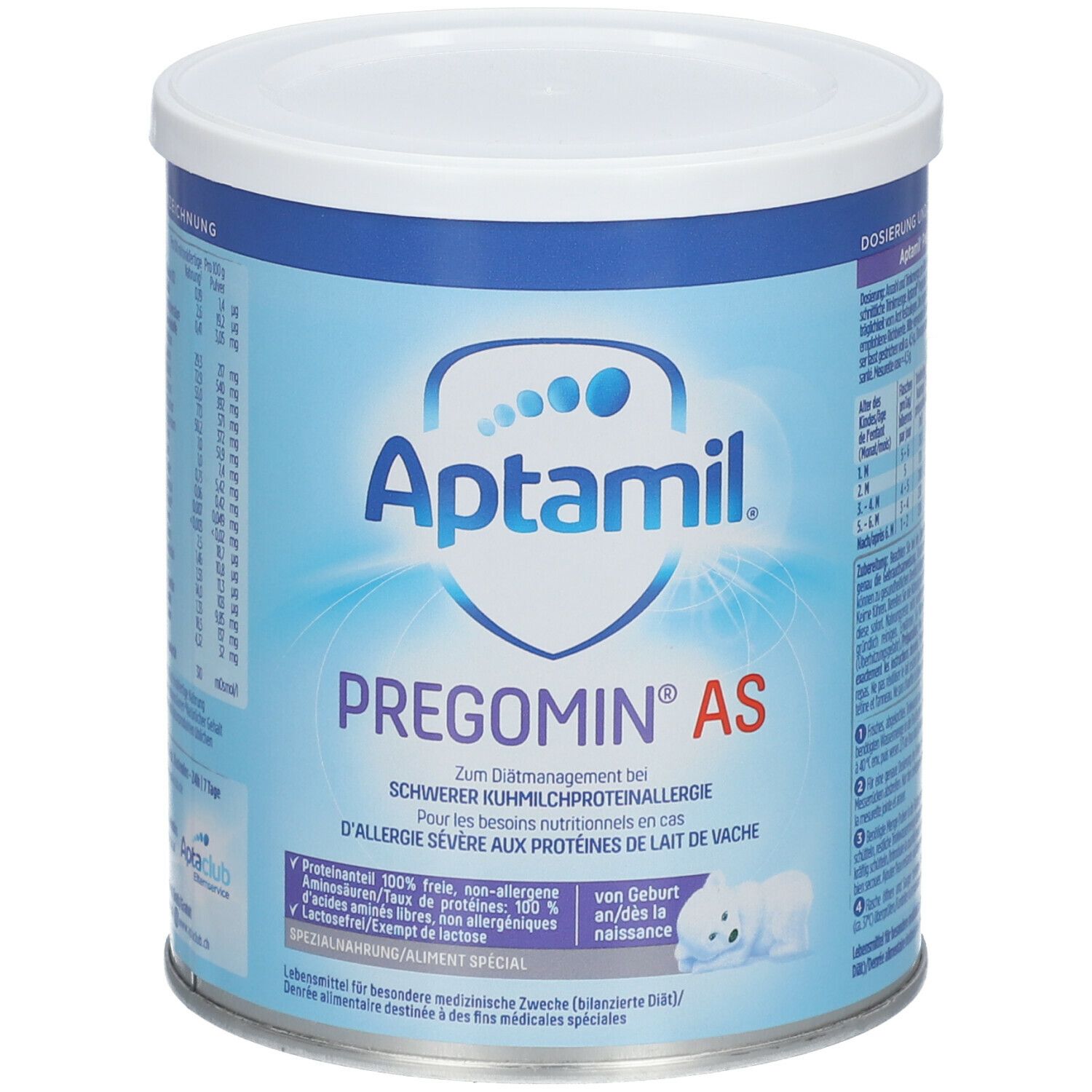 Aptamil Pregomin AS Dose. Blaue Dose mit weißem Deckel. Produktname und Logo prominent. Text in Deutsch und Französisch.