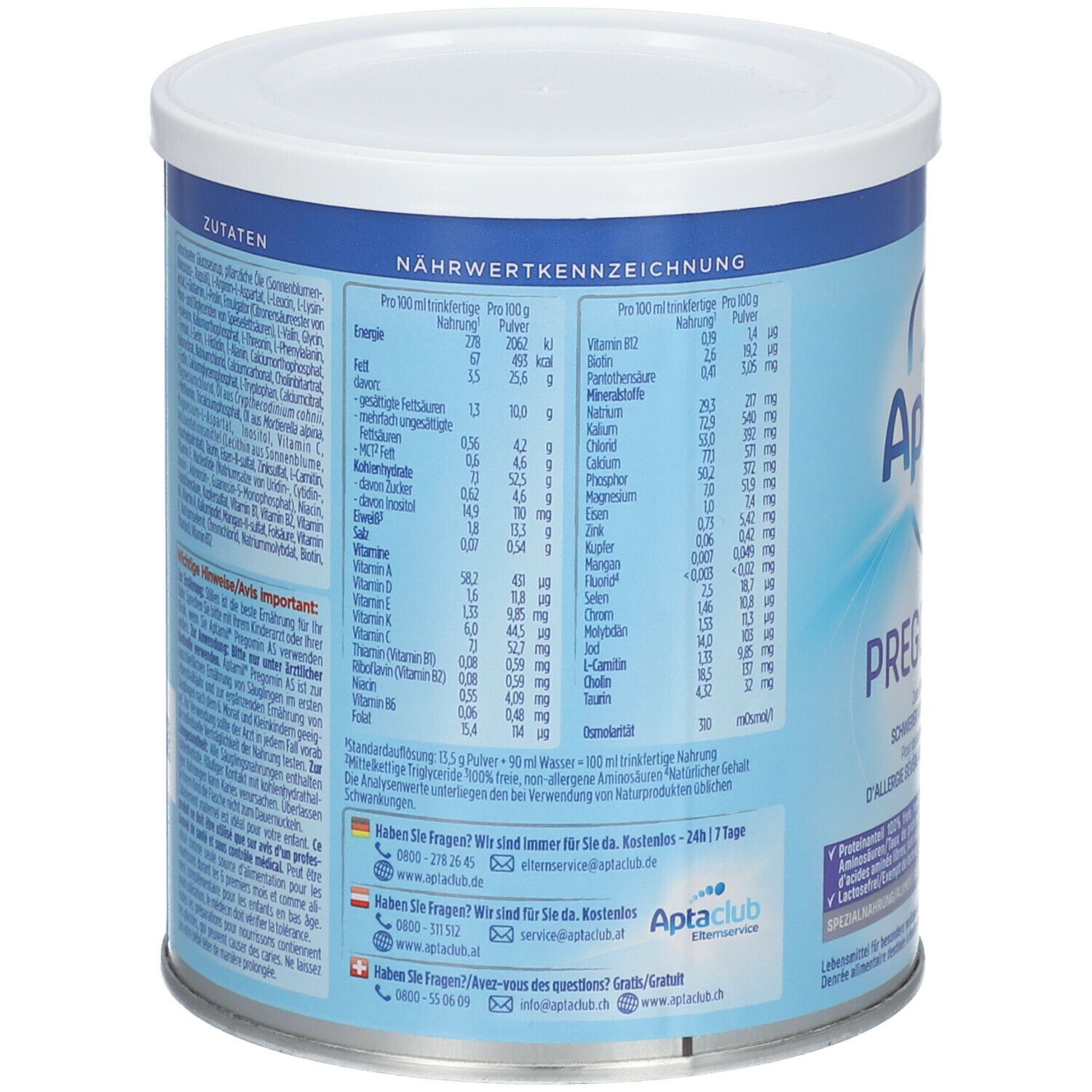 Aptamil Pregomin AS Dose, Rückseite. Nährwertangaben und Zutatenliste. Text in Deutsch. Kontaktinformationen und Logo.