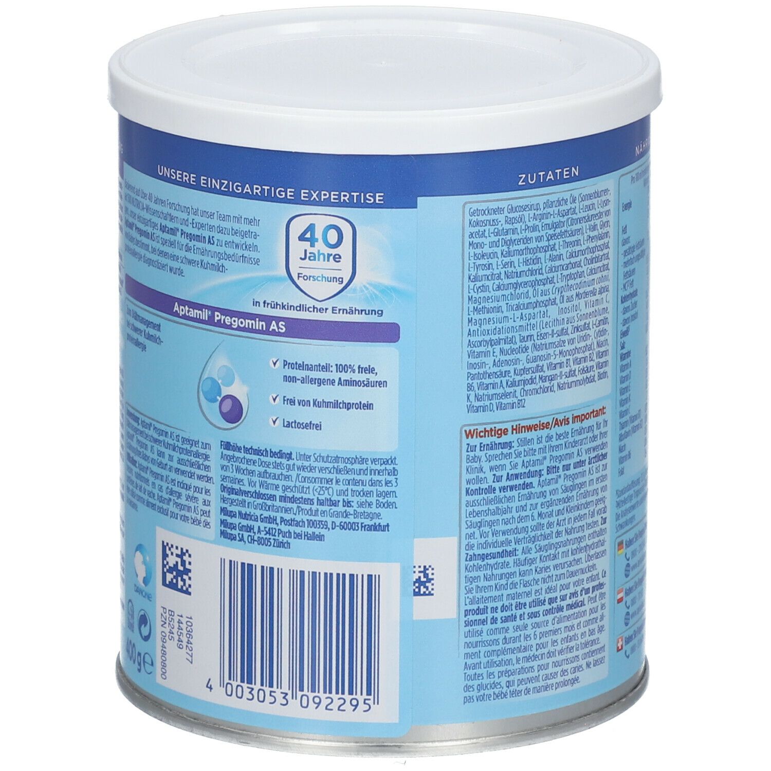 Aptamil Pregomin AS Dose, Seite. Text über Forschung und Inhaltsstoffe. Barcode und Kontaktinformationen. Text in Deutsch.