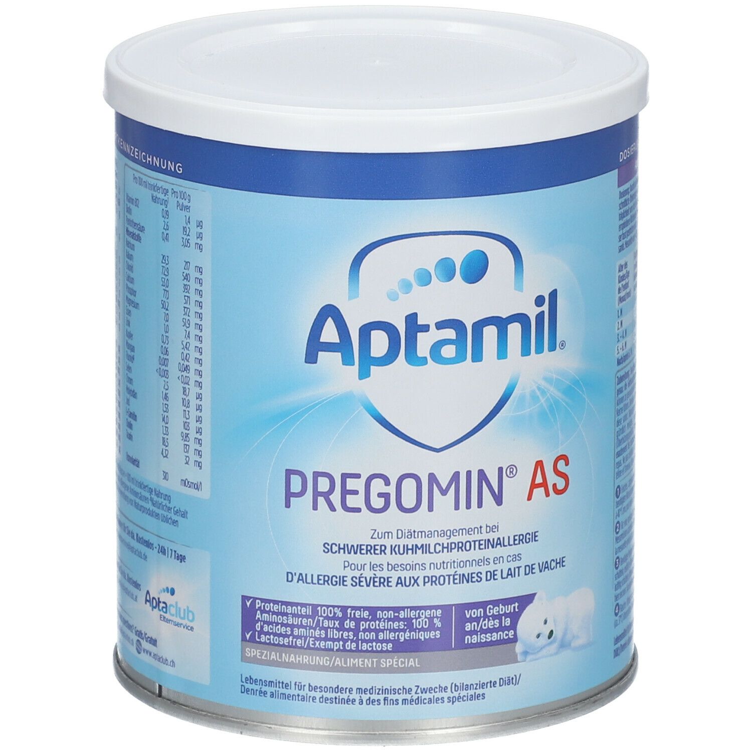 Aptamil Pregomin AS Dose. Blaue Dose mit weißem Deckel. Produktname und Logo. Text in Deutsch und Französisch.