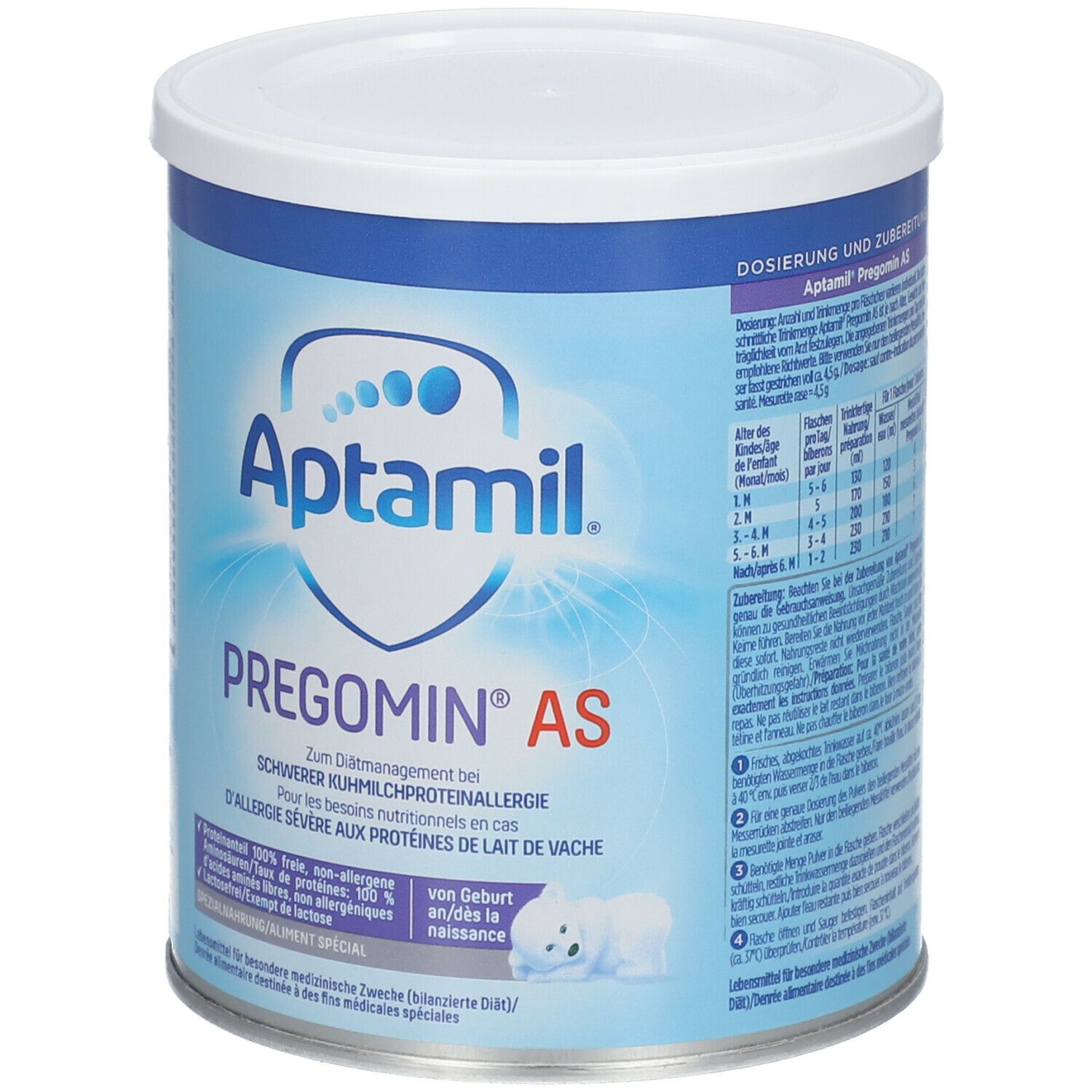 Aptamil Pregomin AS Dose. Blaue Dose mit weißem Deckel. Produktname und Logo. Text in Deutsch und Französisch.