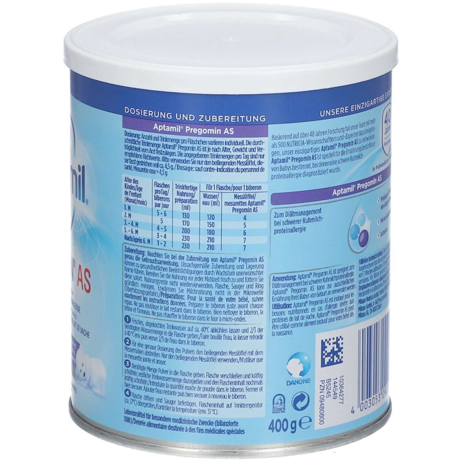 Aptamil Pregomin AS Dose, Rückseite. Dosierungsanleitung und Informationen. Text in Deutsch. Gewicht: 400g.