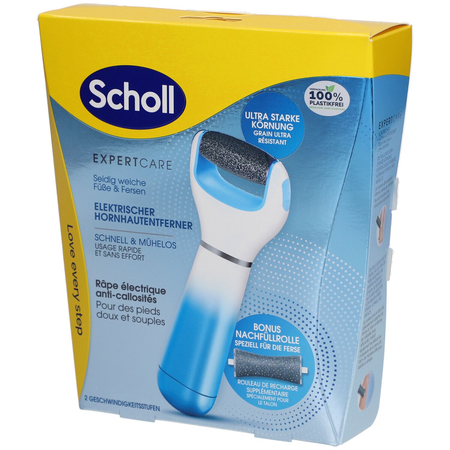 Scholl ExpertCare, elektrische Hornhautentferner, in Verpackung. Blaue und weiße Form mit grauer Rolle. Gelbe und blaue Verpackung.
