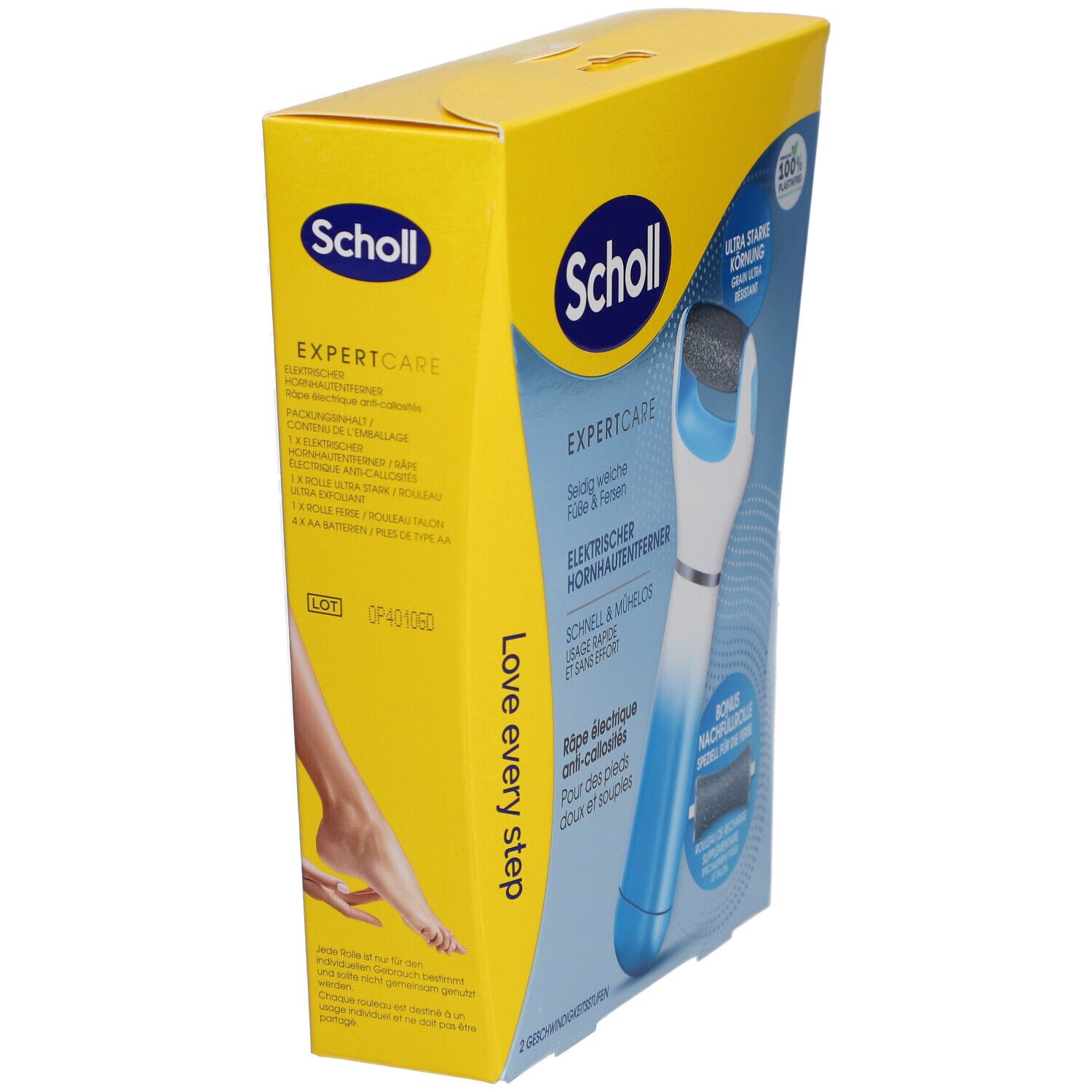 Scholl ExpertCare Verpackung, gelb und blau. Produktabbildung auf der Verpackung. Text: ExpertCare, elektrische Hornhautentferner.