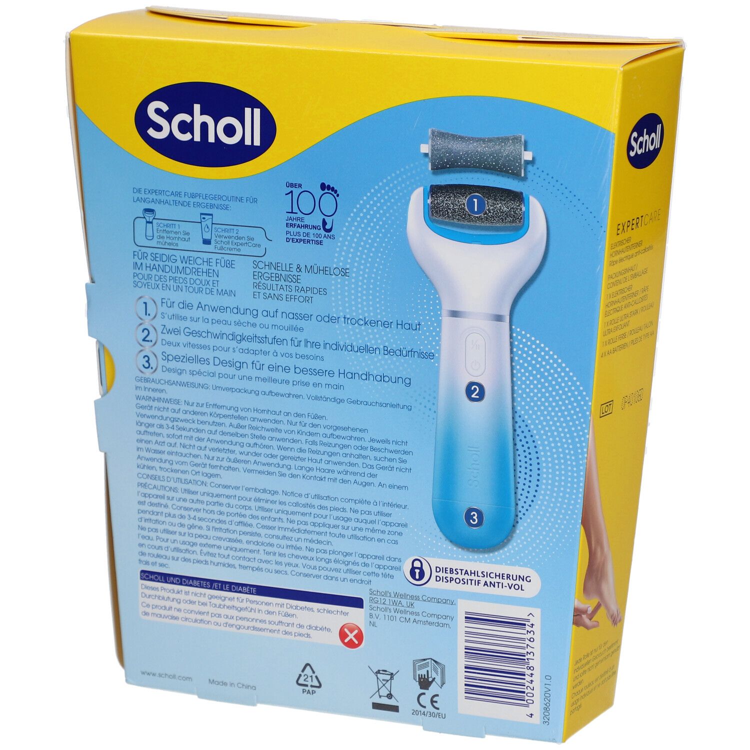Rückseite der Scholl ExpertCare Verpackung. Produktabbildungen und Text. Gelbe und blaue Verpackung. Produkt: elektrische Hornhautentferner.