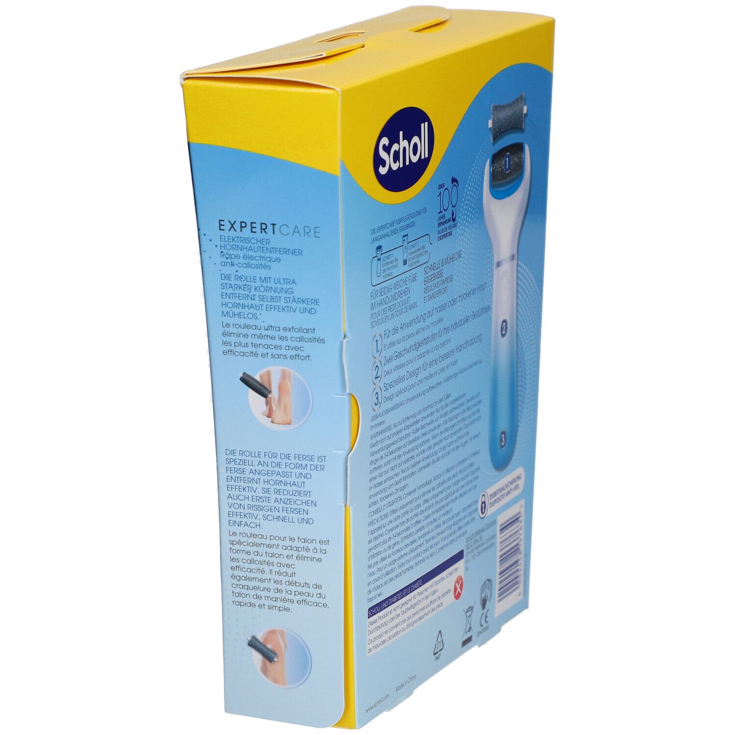Scholl ExpertCare Verpackung, gelb und blau. Produktabbildung und Text. Produkt: elektrische Hornhautentferner. Verpackung im Winkel.
