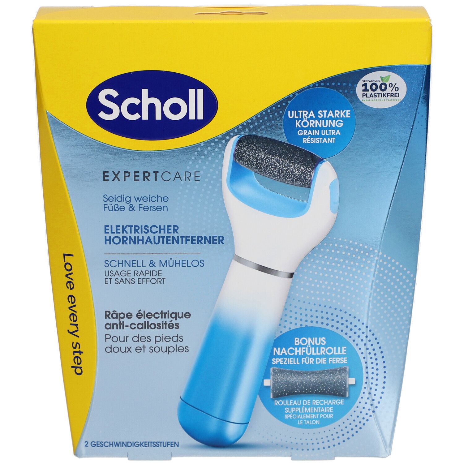 Scholl ExpertCare, elektrische Hornhautentferner, in Verpackung. Blaue und weiße Form mit grauer Rolle. Gelbe und blaue Verpackung.