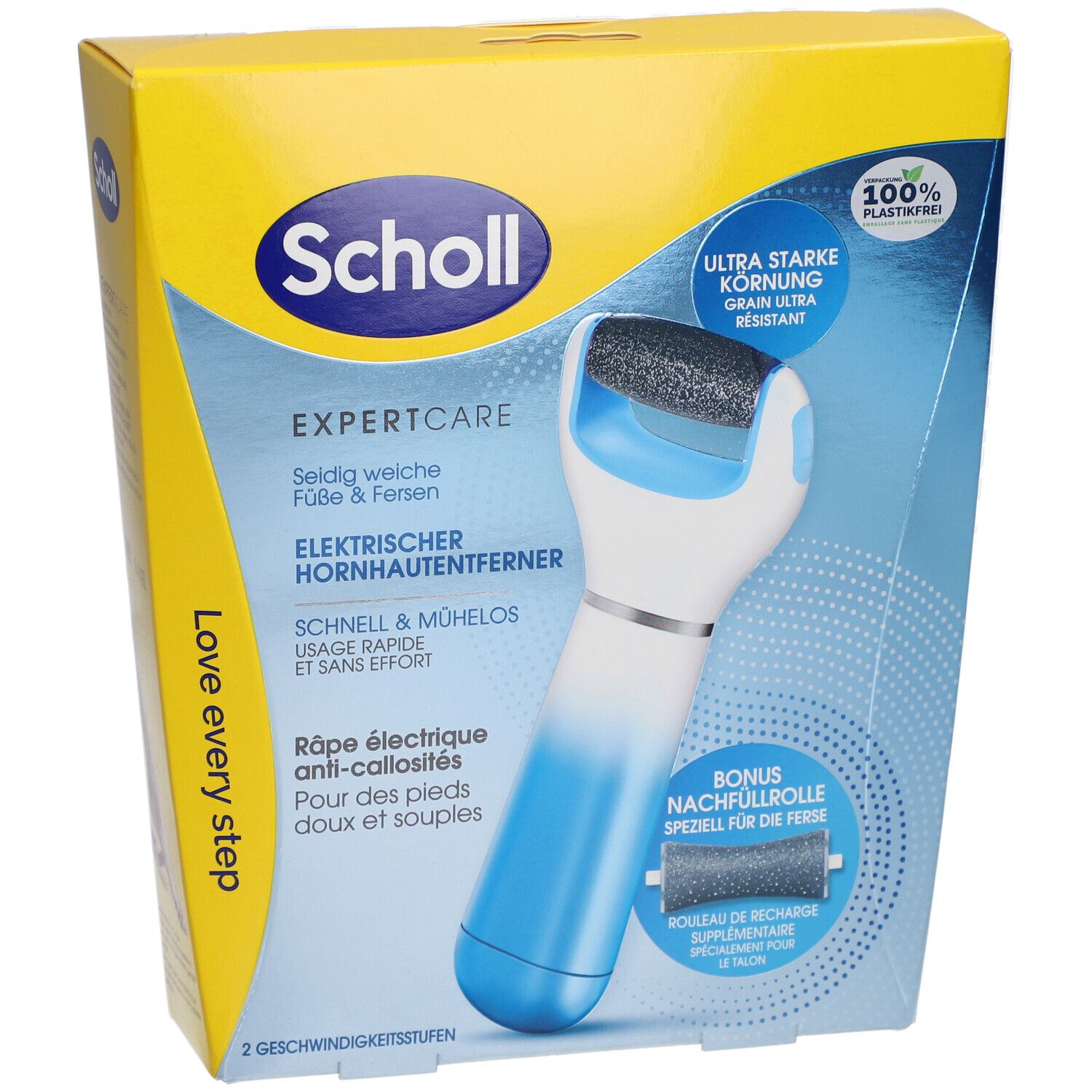 Scholl ExpertCare, elektrische Hornhautentferner, in Verpackung. Blaue und weiße Form mit grauer Rolle. Gelbe und blaue Verpackung.