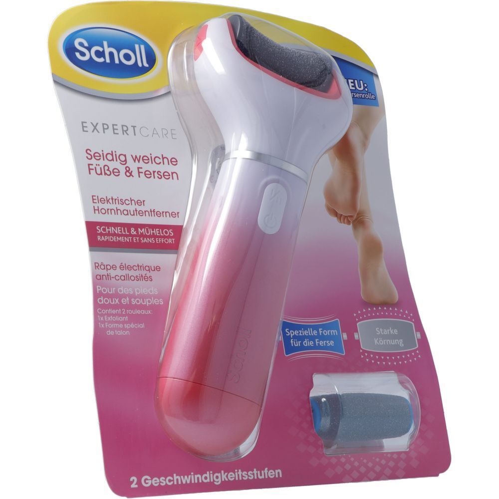 Elektrischer Hornhautentferner in Verpackung. Rosa-weißes Gerät mit Ersatzrolle. Marke Scholl, Expert Care.