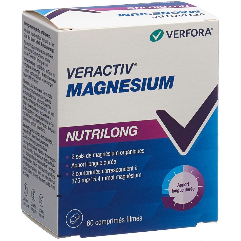 Verfora VERACTIV Magnesium Nutrilong. Karton mit 60 Filmtabletten. Enthält 2 organische Magnesiumsalze. Langzeitversorgung.