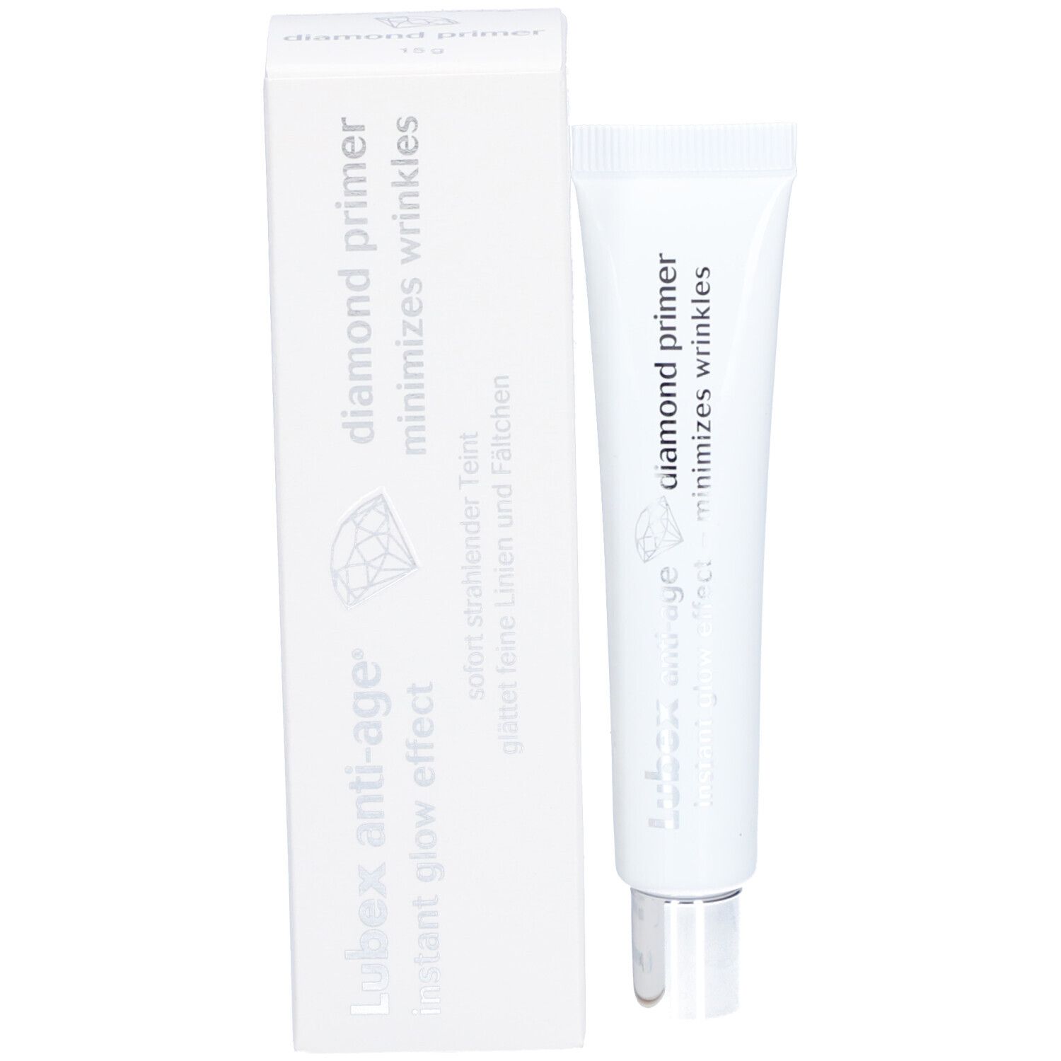 Produktverpackung und Tube. Aufschrift: Lubex anti-age, diamond primer, minimiert Falten, instant glow effect.
