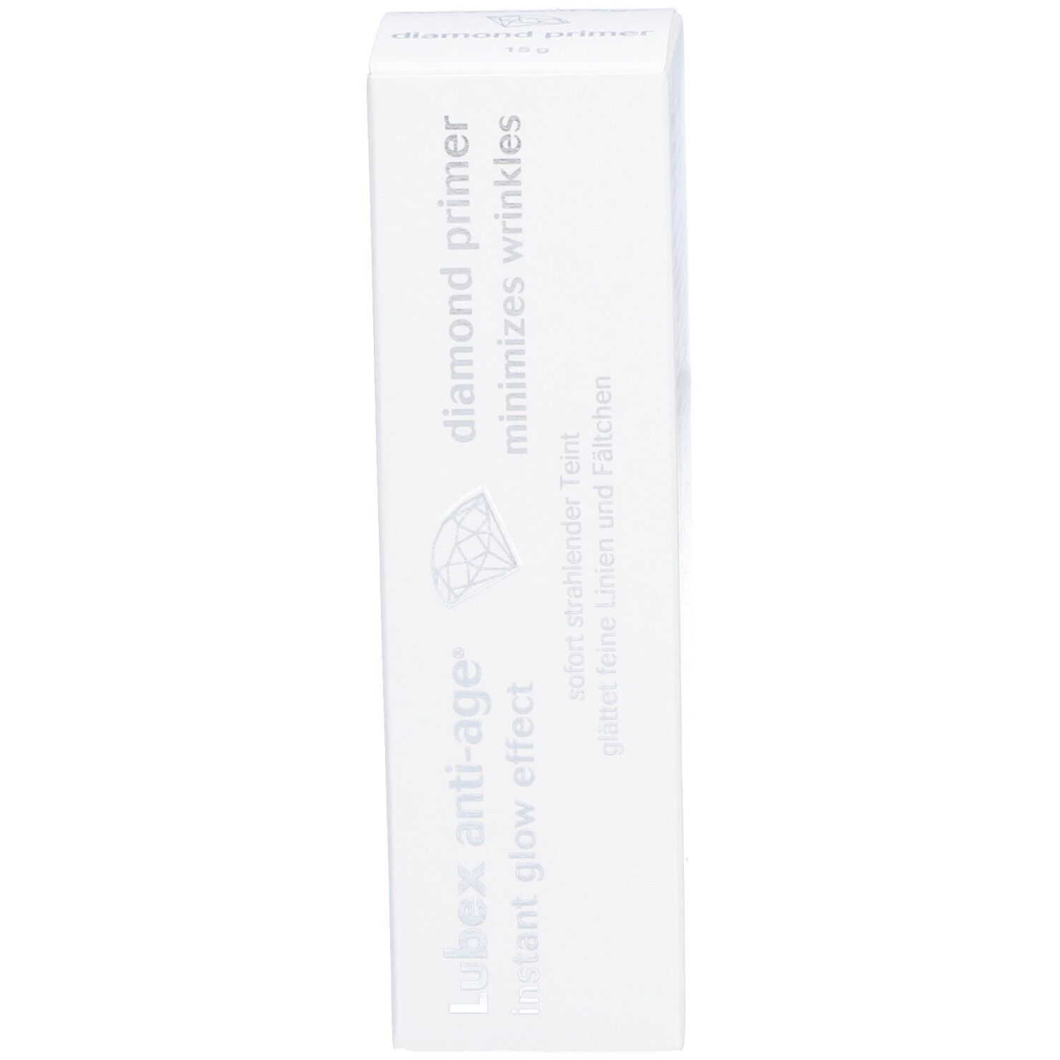 Produktverpackung. Aufschrift: Lubex anti-age, diamond primer, minimiert Falten, instant glow effect.