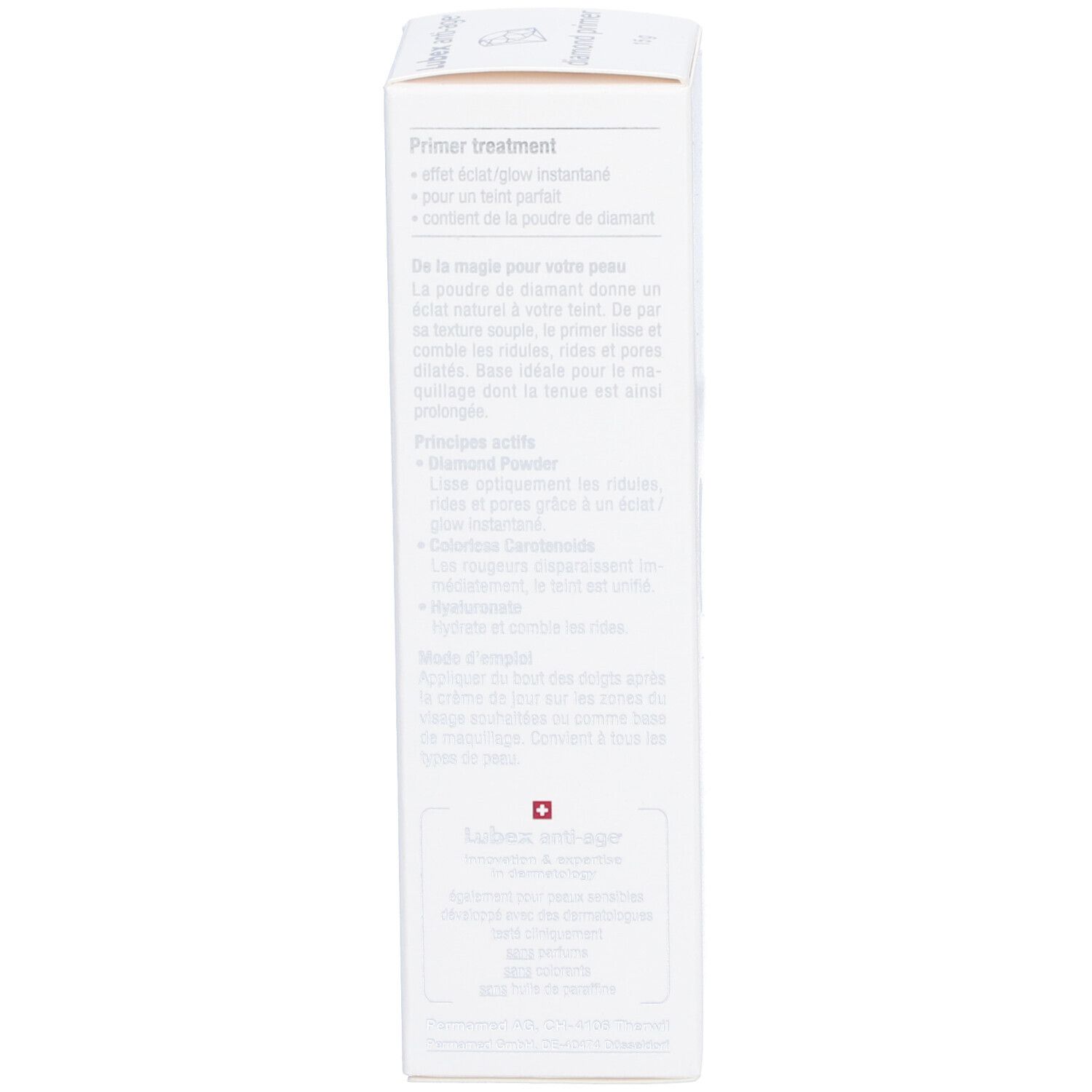 Produktverpackung. Rückseite mit Text in Französisch. Enthält Inhaltsstoffe und Anwendungshinweise.