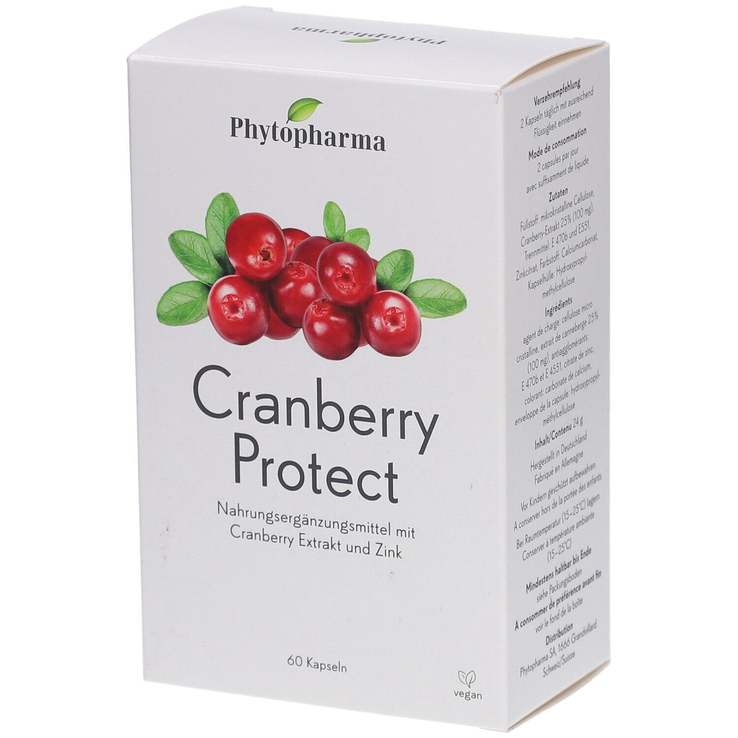 Weiße Schachtel mit Cranberry-Abbildung und Schriftzug "Cranberry Protect". Enthält 60 Kapseln. Marke: Phytopharma.
