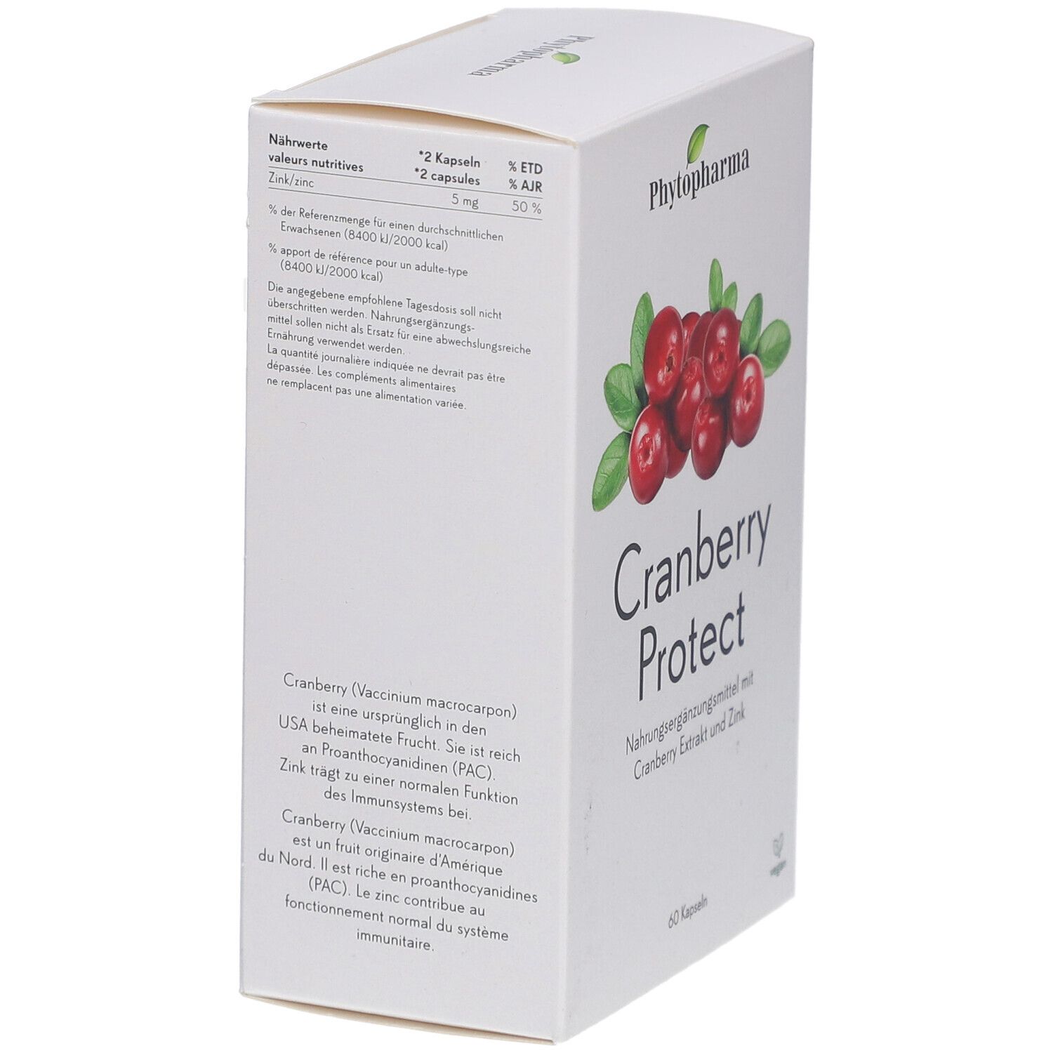 Weiße Schachtel, Seitenansicht. Text mit Nährwertangaben und Inhaltsstoffen. Cranberry-Abbildung und "Cranberry Protect" Schriftzug.