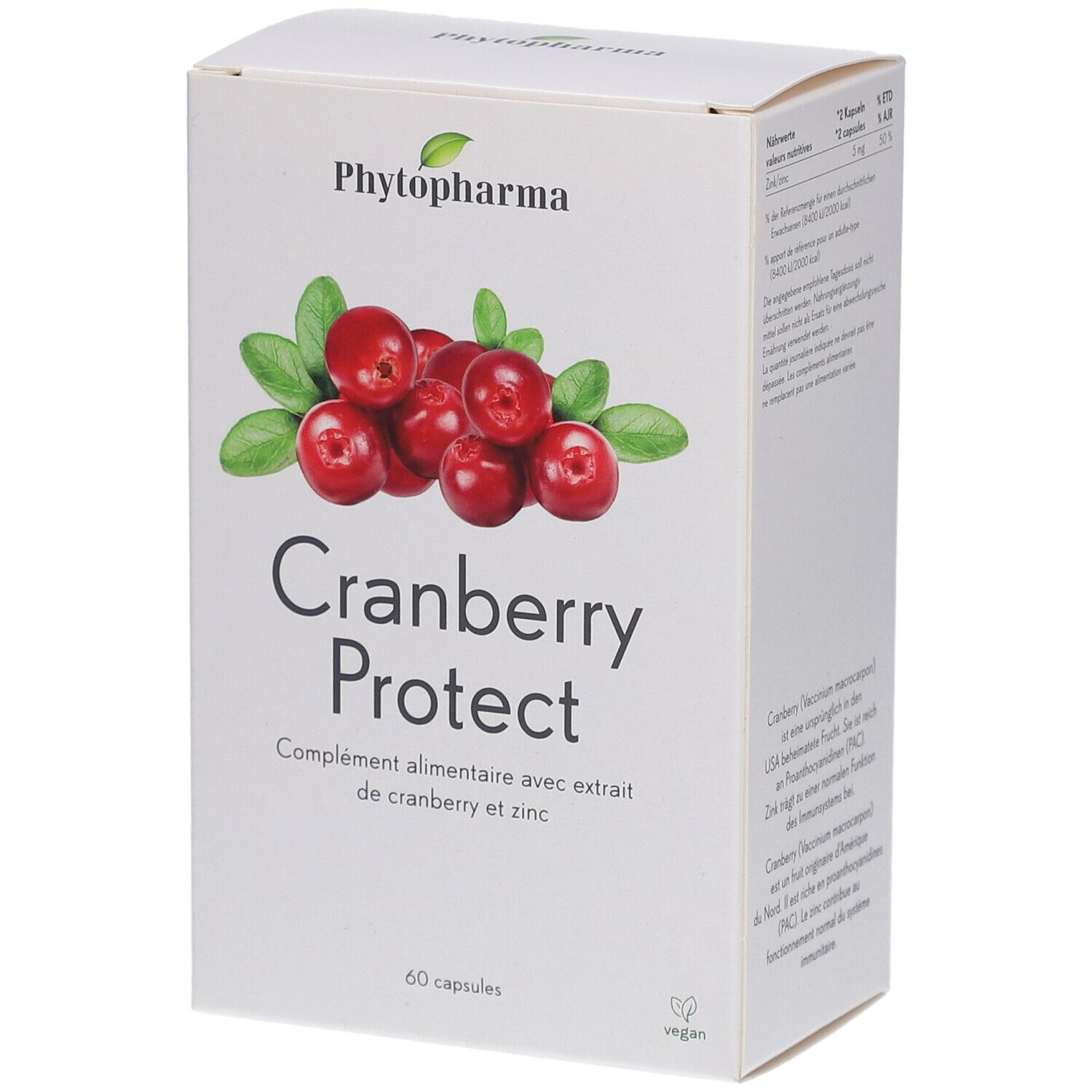 Weiße Schachtel mit Cranberry-Abbildung und Schriftzug "Cranberry Protect". Enthält 60 Kapseln. Marke: Phytopharma.