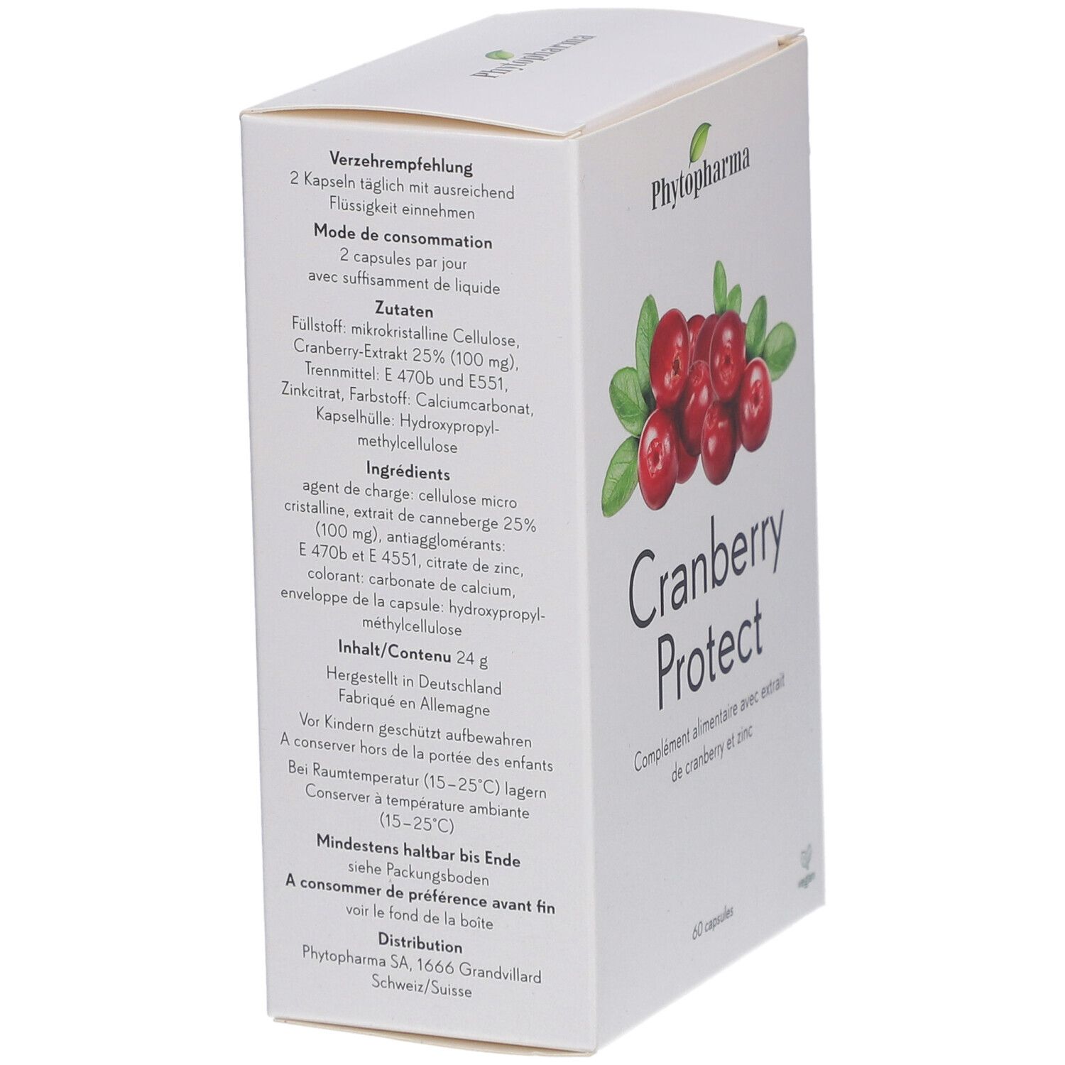 Weiße Schachtel, schräg von oben. Text mit Inhaltsstoffen und Dosierung. Cranberry-Abbildung und "Cranberry Protect" Schriftzug.