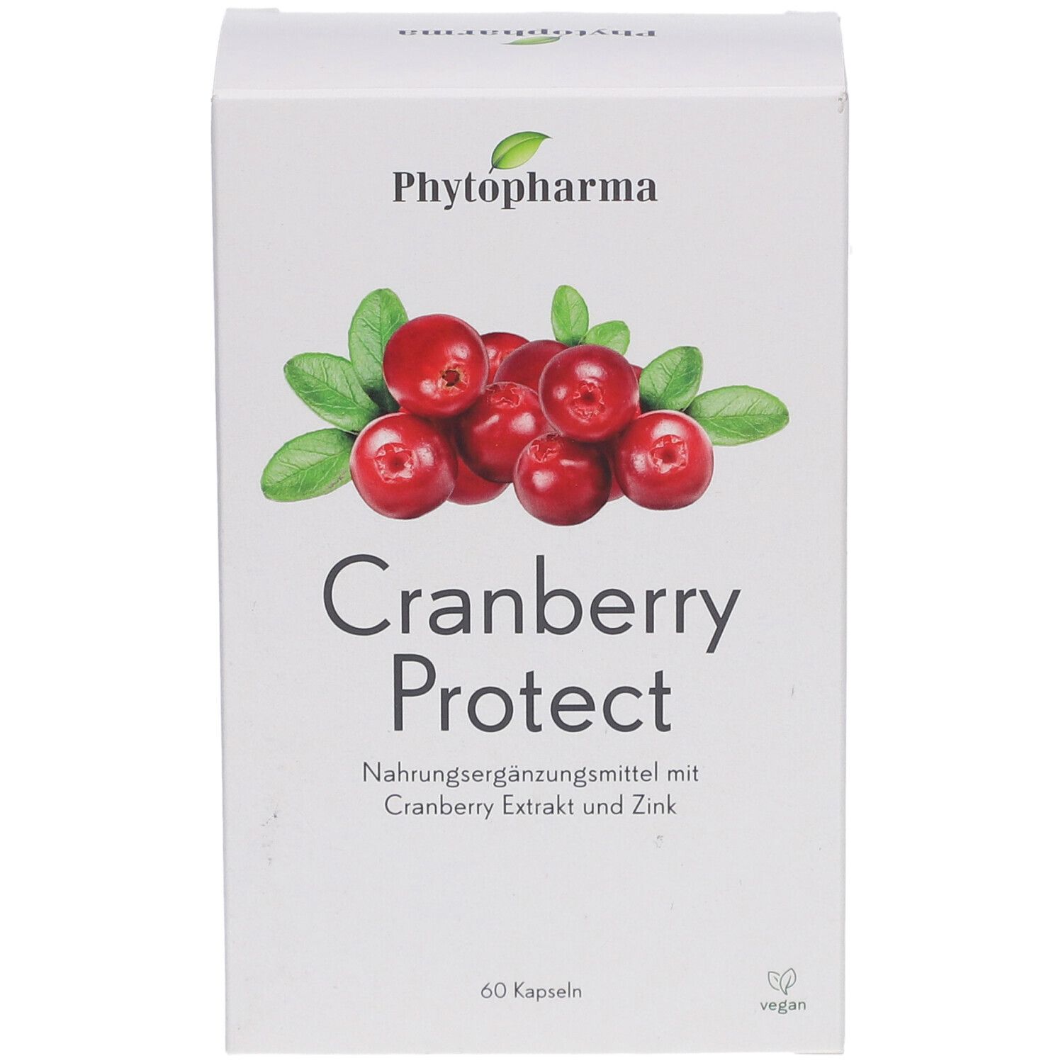 Weiße Schachtel mit Cranberry-Abbildung und Schriftzug "Cranberry Protect". Enthält 60 Kapseln. Marke: Phytopharma.