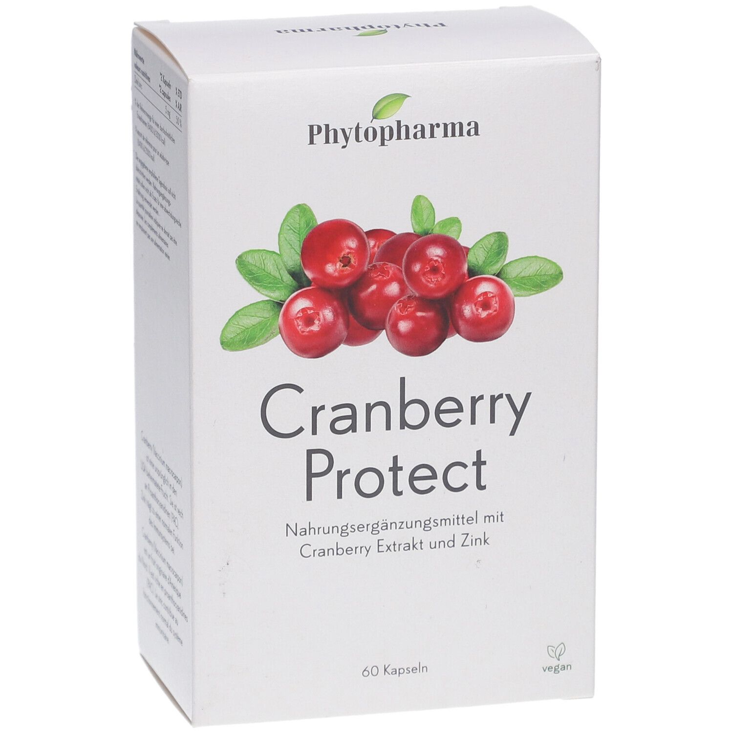 Weiße Schachtel mit Cranberry-Abbildung und Schriftzug "Cranberry Protect". Enthält 60 Kapseln. Marke: Phytopharma.