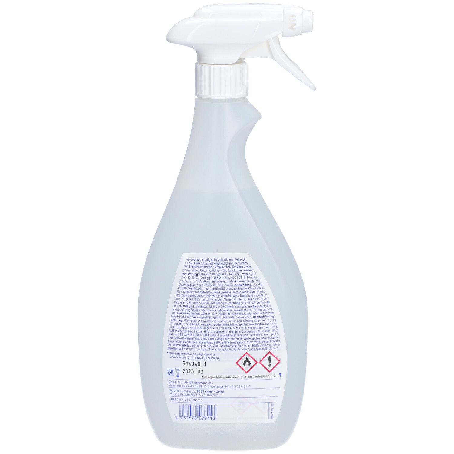 Rückseite der Sprühflasche STERILLIUM®. Beschriftung mit Inhaltsstoffen, Warnhinweisen und Chargennummer. Transparente Flüssigkeit sichtbar.