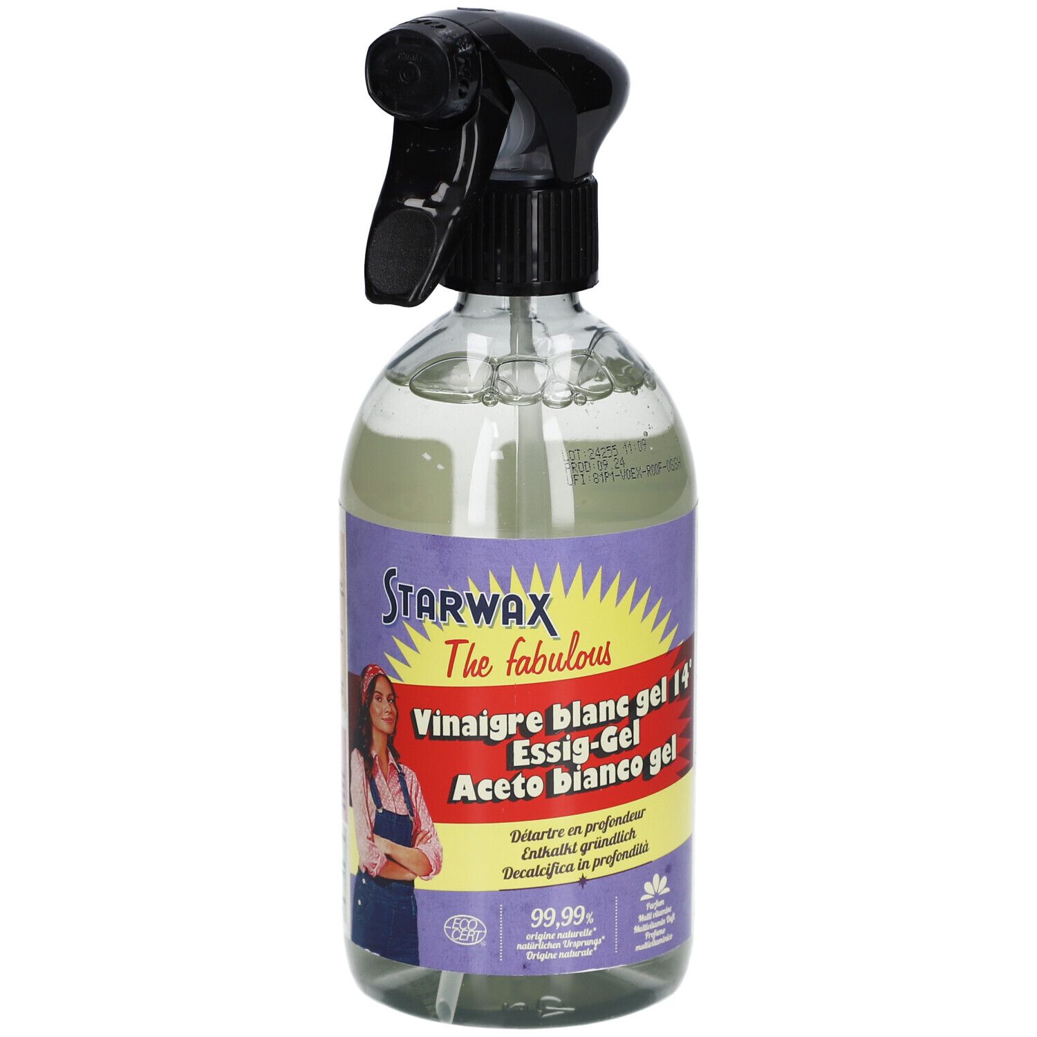 Flacon pulvérisateur transparent contenant un liquide clair. Étiquette avec STARWAX, Vinaigre blanc gel, Essig-Gel, Aceto bianco gel. 99,99%.