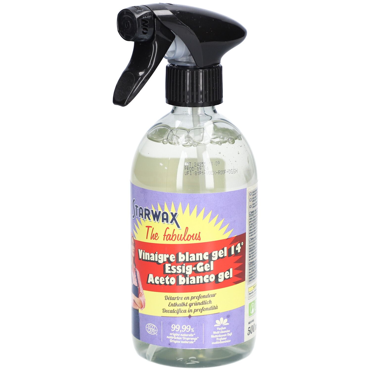 Flacon pulvérisateur avec liquide clair. Étiquette avec STARWAX, Vinaigre blanc gel 14°, Essig-Gel, Aceto bianco gel. 500ml. Tête noire.
