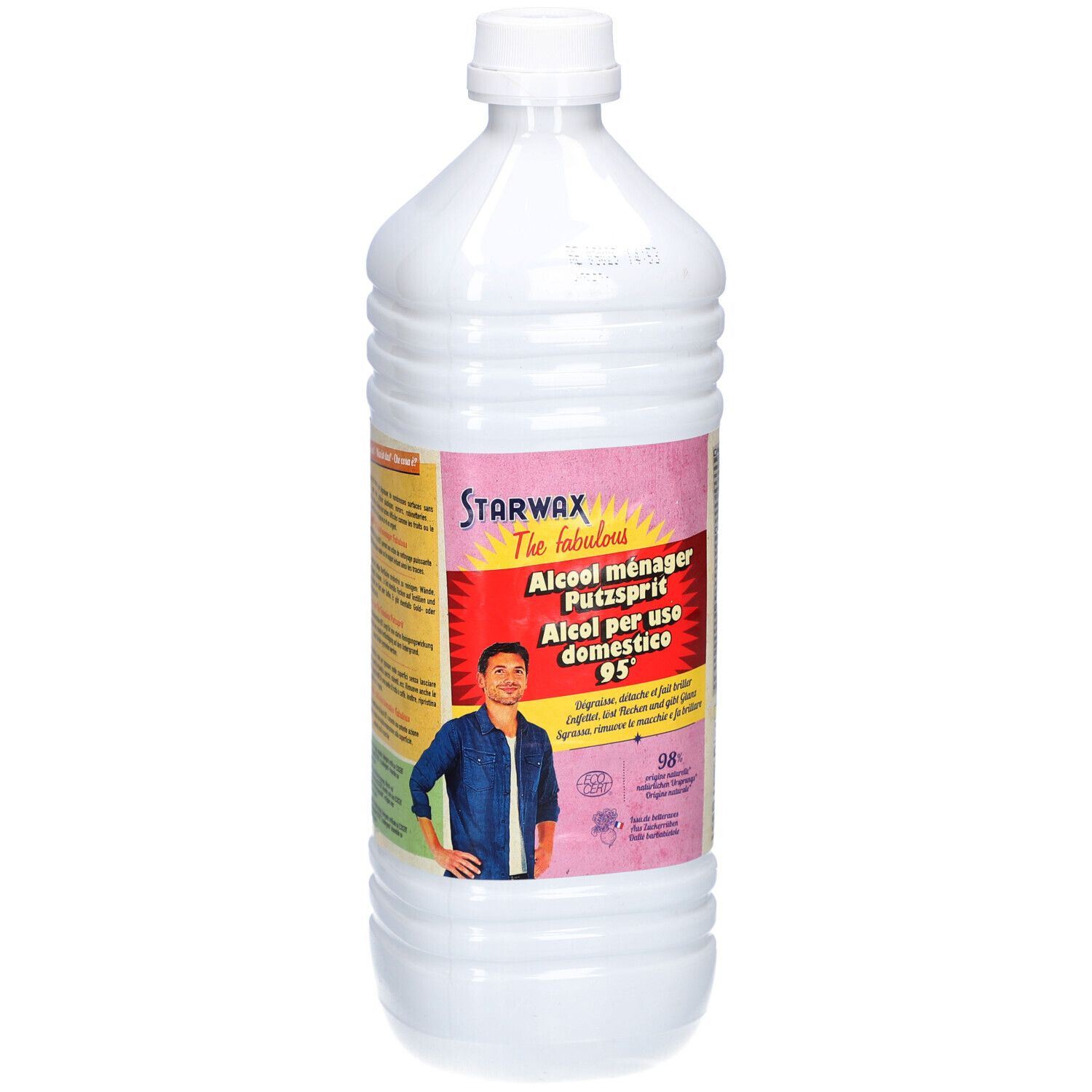 Starwax Alcool ménager, Putzsprit, 95%. Weißer Kunststoffflasche mit Etikett.