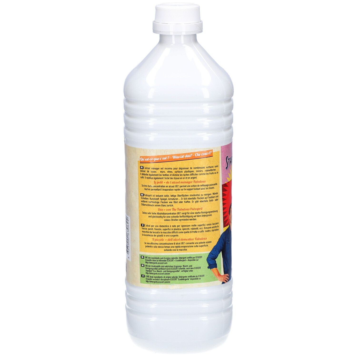 Weiße Kunststoffflasche mit weißem Schraubverschluss und mehrsprachigem Etikett.