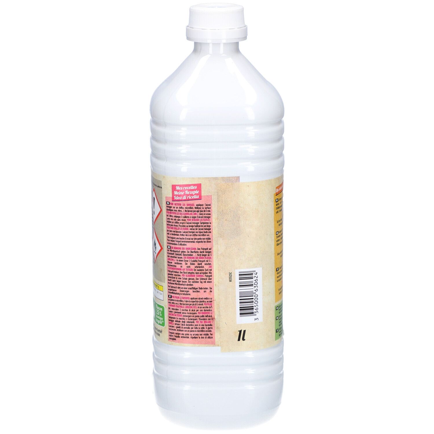 Weiße Kunststoffflasche mit weißem Schraubverschluss, 1 Liter. Etikett mit Warnsymbolen und Produktinformationen.
