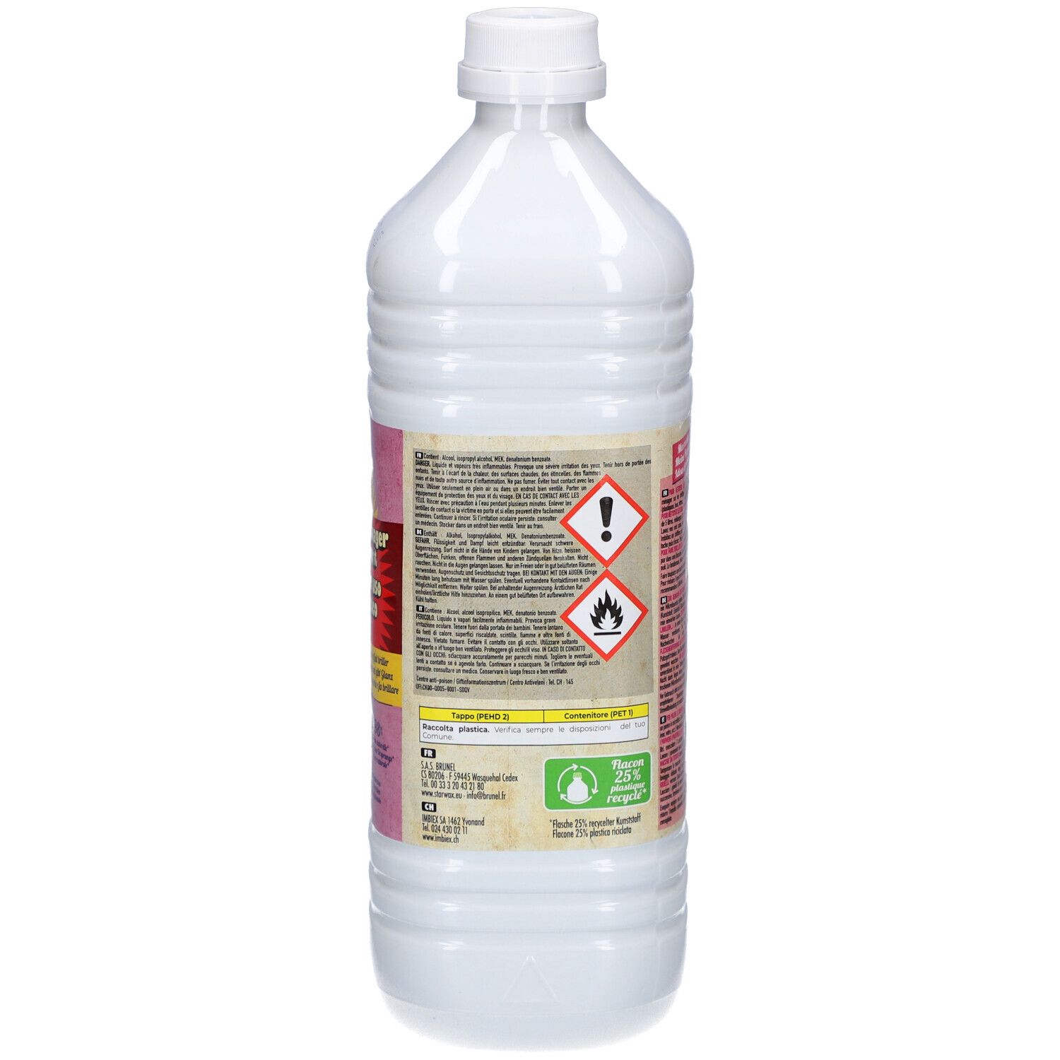 Weiße Kunststoffflasche mit weißem Schraubverschluss. Etikett mit Warnsymbolen (Ausrufezeichen, Flamme) und Text.