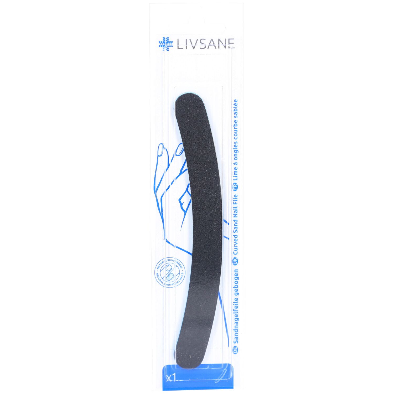 Gebogene Sandnagelfeile in transparenter Verpackung. LIVSANE-Logo oben. Blaue Grafik einer Hand.