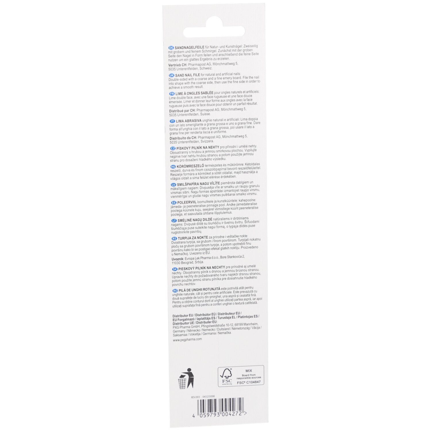 Rückseite der Verpackung. Mehrsprachiger Text. FSC-Siegel und Mülltonnen-Symbol.