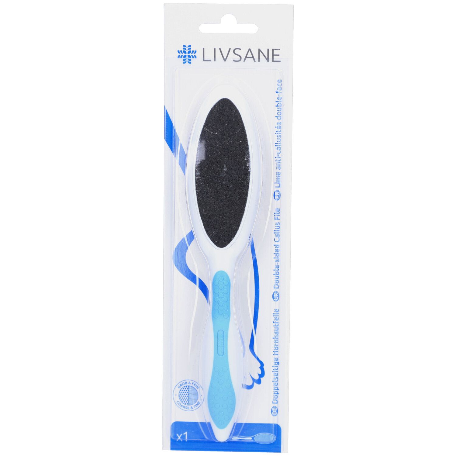 Hornhautfeile mit blauem Griff und doppelter Schleiffläche. Verpackung mit Produktname LIVSANE® und x1.