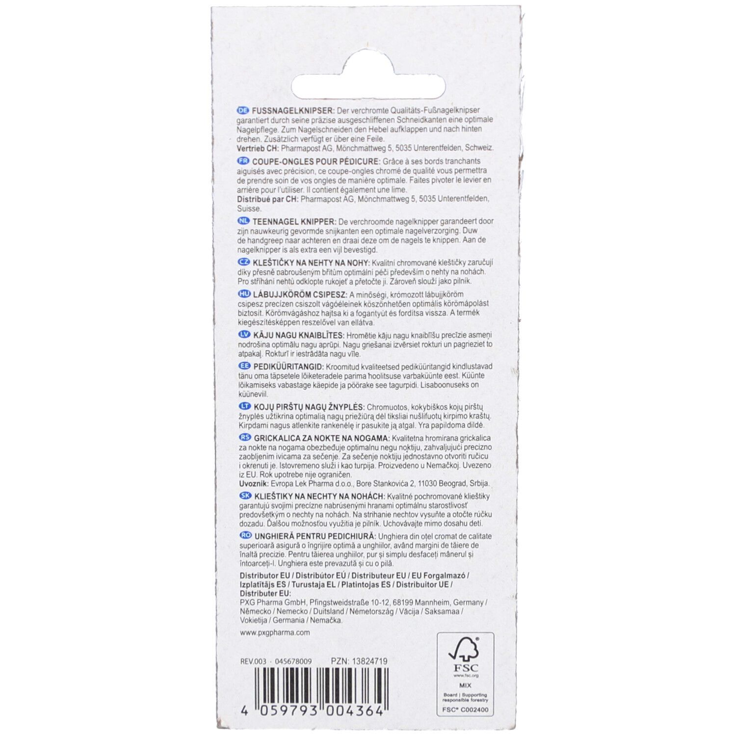 Rückseite der Verpackung. Text in mehreren Sprachen. FSC-Zertifizierung. Barcode und Herstellerinformationen.