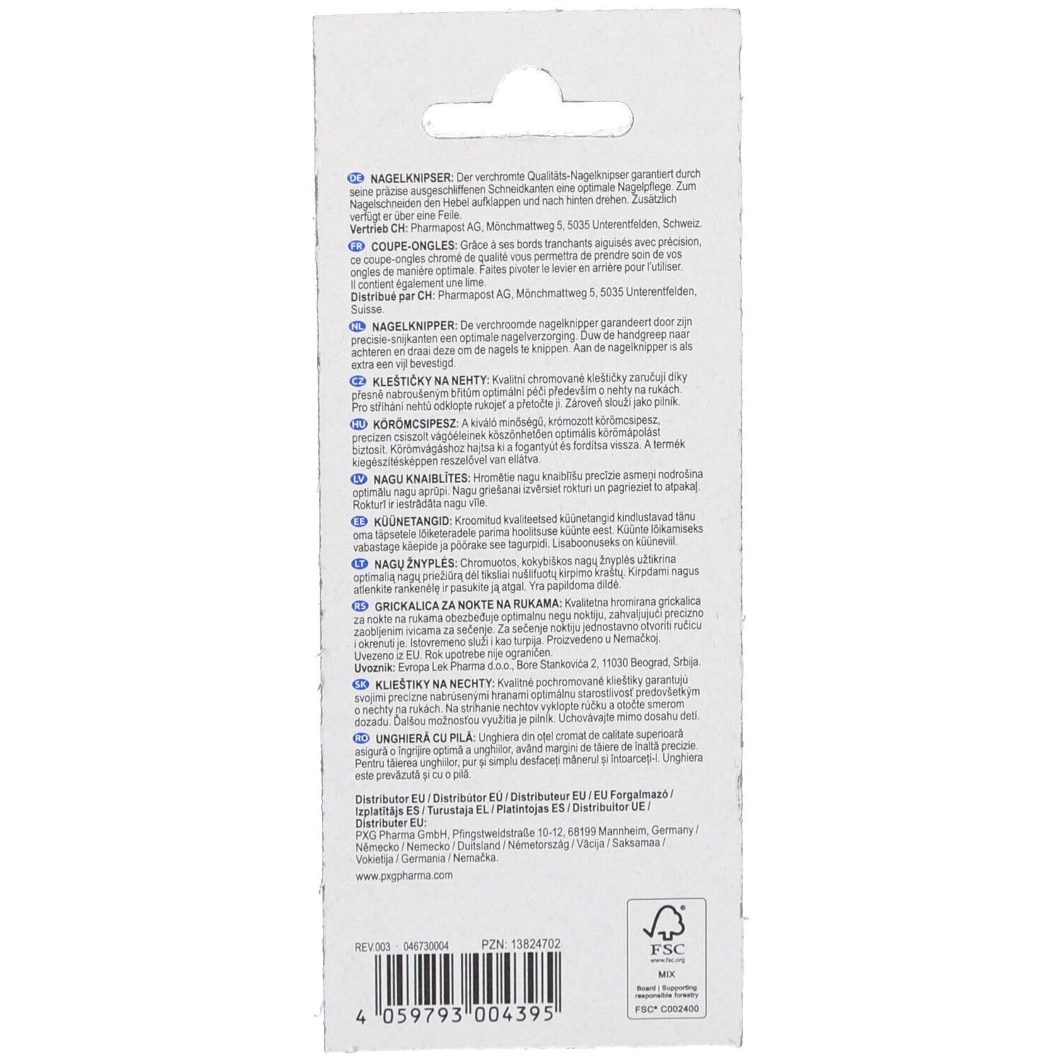 Rückseite der Produktverpackung mit Text in mehreren Sprachen. FSC-Logo und Barcode unten.