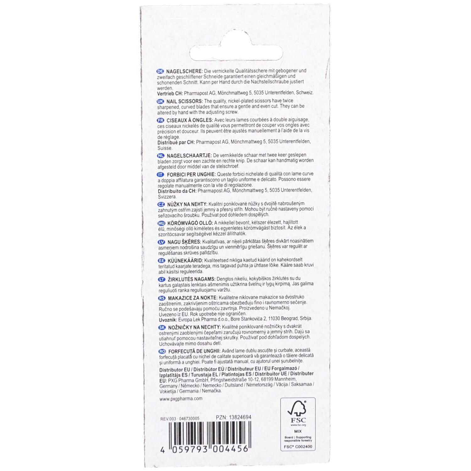 Rückseite der Verpackung. Text in mehreren Sprachen, darunter Deutsch, Französisch, Italienisch und Niederländisch. FSC-Logo.