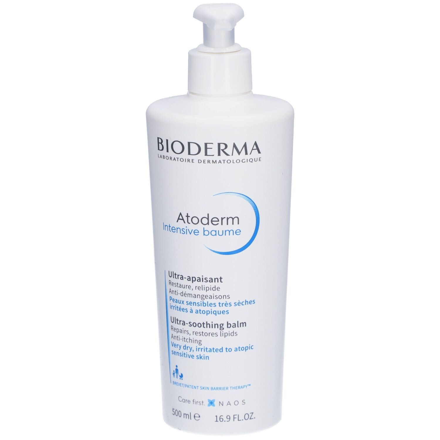Weiße Flasche mit Pumpverschluss. Aufschrift: BIODERMA, Atoderm intensive baume. Text: Ultra-beruhigend, repariert, lindert Juckreiz.