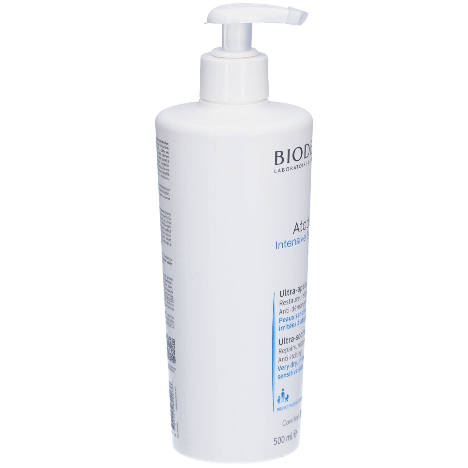 Weiße Flasche mit Pumpverschluss. Aufschrift: BIODERMA, Atoderm intensive baume. Seitenansicht mit Text.