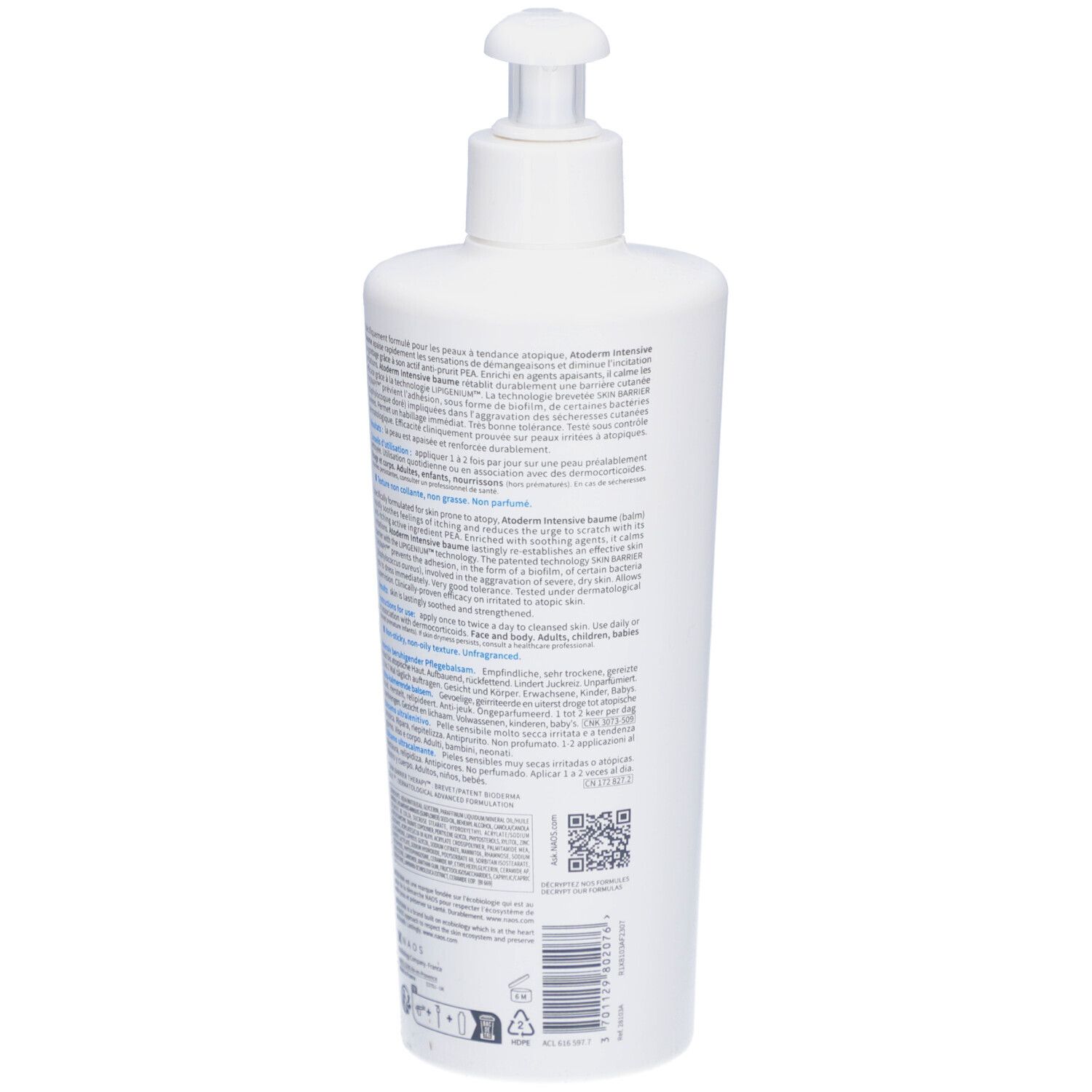 Weiße Flasche mit Pumpverschluss. Rückseite mit Text. Aufschrift: BIODERMA, Atoderm intensive baume. Detailinformationen.